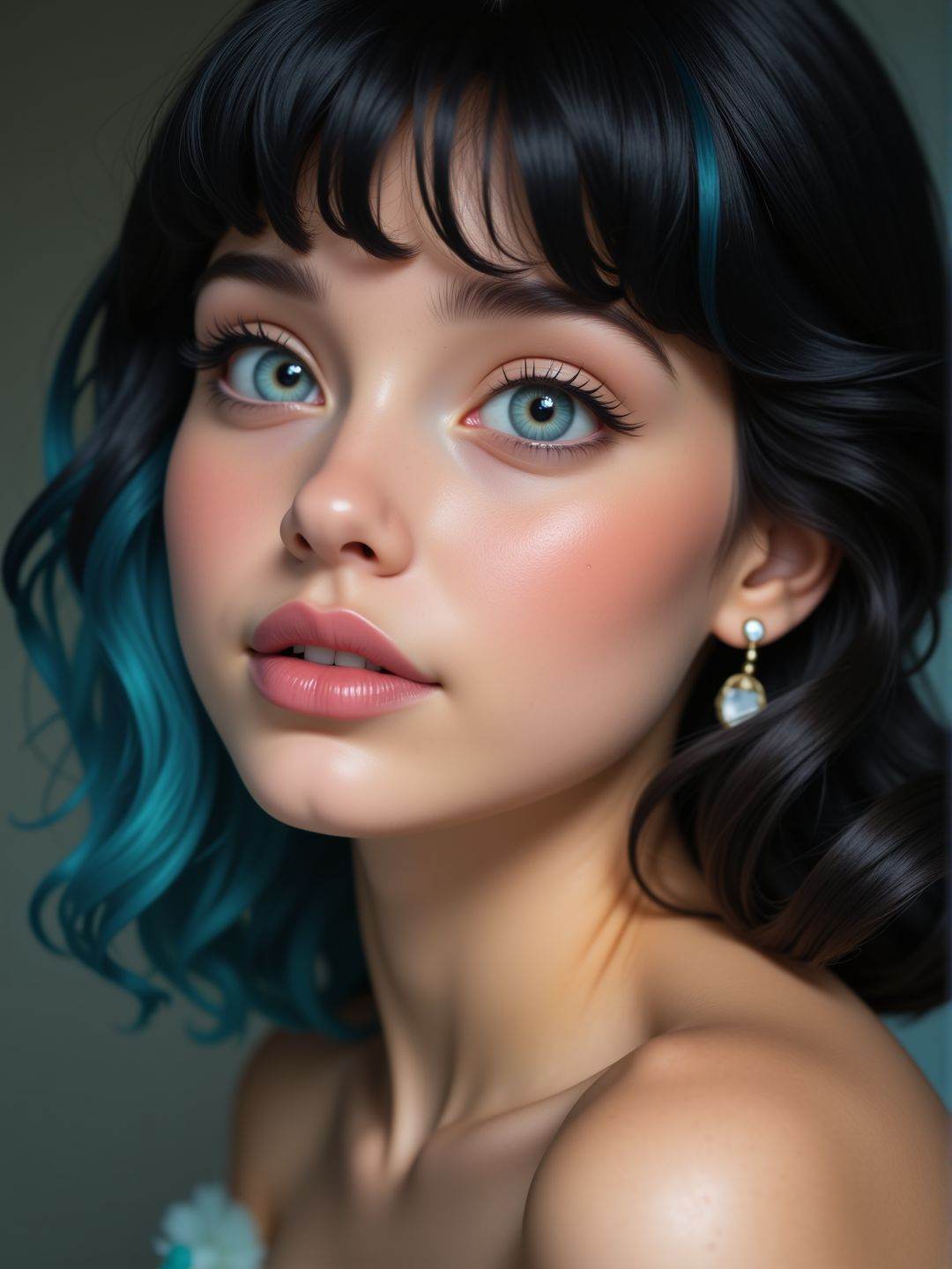 A very close shot of a young woman face,  focusing on her lips. 18yo. She wears earrings and eyeliner. She is looking away...