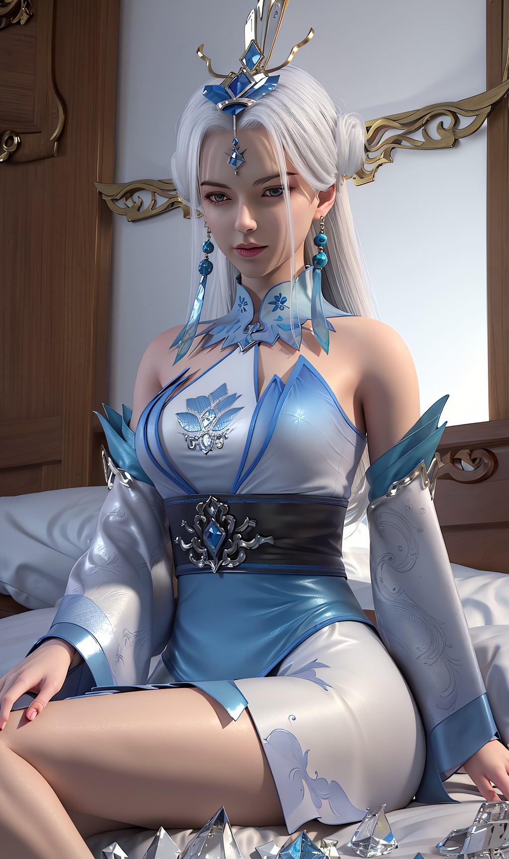 masterpiece,(best quality),3d,official art, extremely detailed cg 8k wallpaper,((crystalstexture skin)), (extremely delicate and beautiful),highly detailed,1girl,solo,long hair,headwear,(sitting),(white_hair),((dress,skirt)),, (chinese_clothes),((upper body)),(closed_mouth), (medium breasts),((hair_ornament)),(sunshine, indoor,(bed)),((looking_at_viewer)),((Facing the camera)),(thigh),, <lora:hipoly3DModelLora_v10:0.3>
