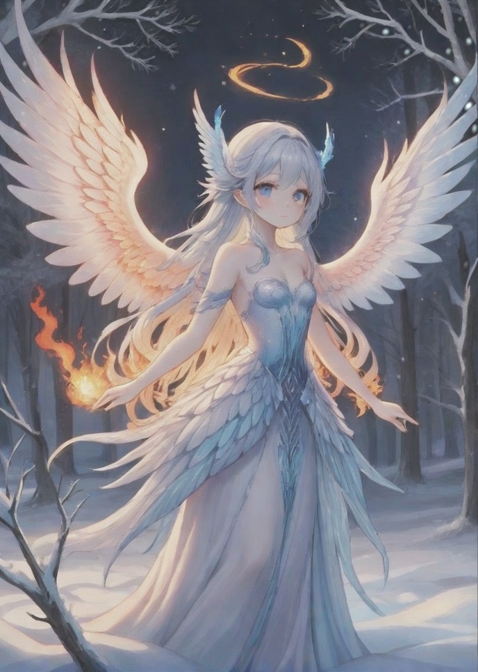 In the ethereal twilight of the image, the captivating allure commands attention. Transcending the conventional, icy tendrils and ((Frosty Wings)) replace their fiery counterparts, casting an enchanting and chilling ambiance
