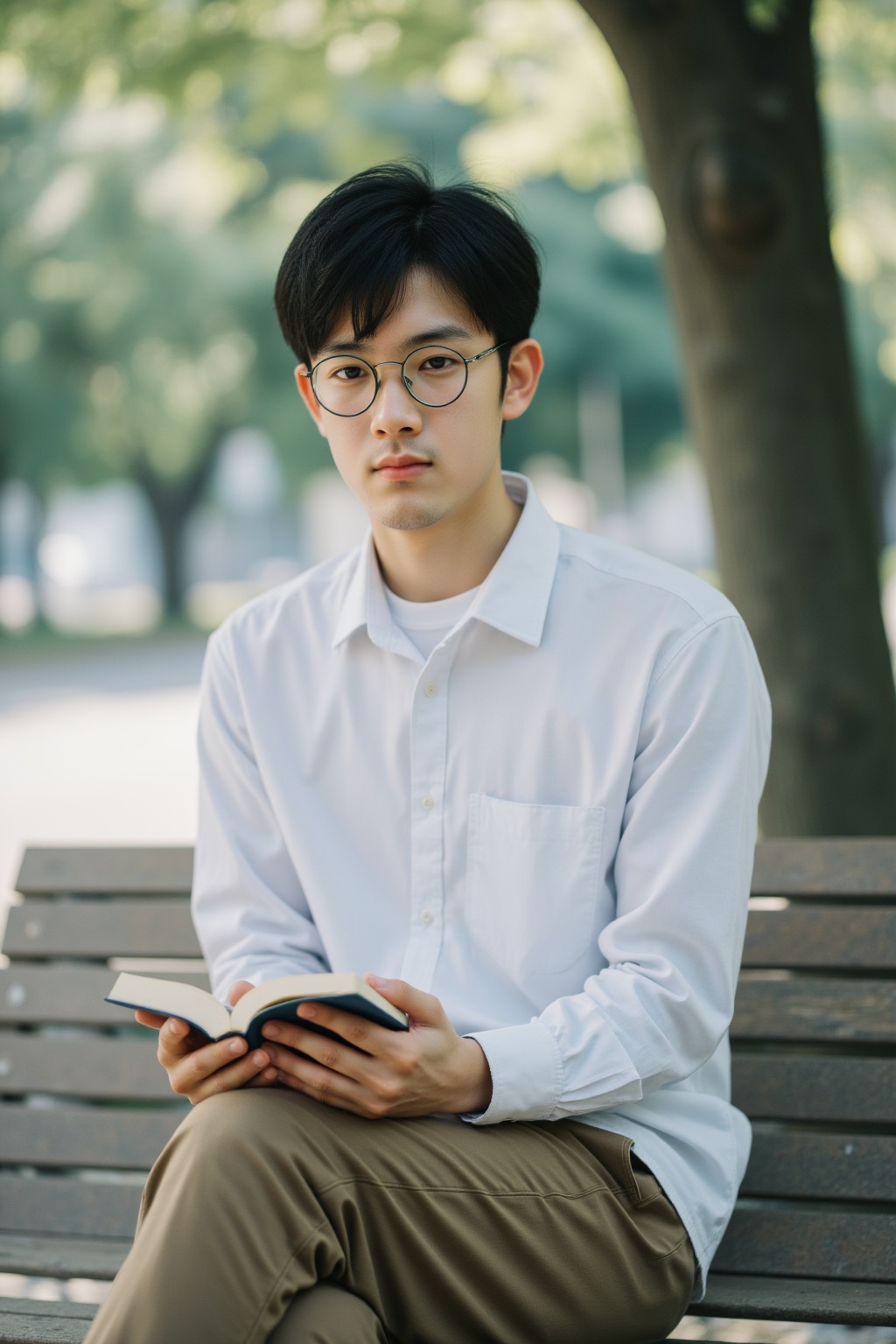Fuji camera filter, Film photography, Color Film, Fujifilm Fujicolor 400H, film photo, Retro movie style film photography, Polaroid style, outdoors, tree, glasses, black hair, book, sitting, bench, 1boy, male focus, solo, shirt, realistic, pants, day, brown pants, holding, looking at viewer, crossed legs, round eyewear, blurry background, blurry, white shirt, holding book, short hair, collared shirt, open book