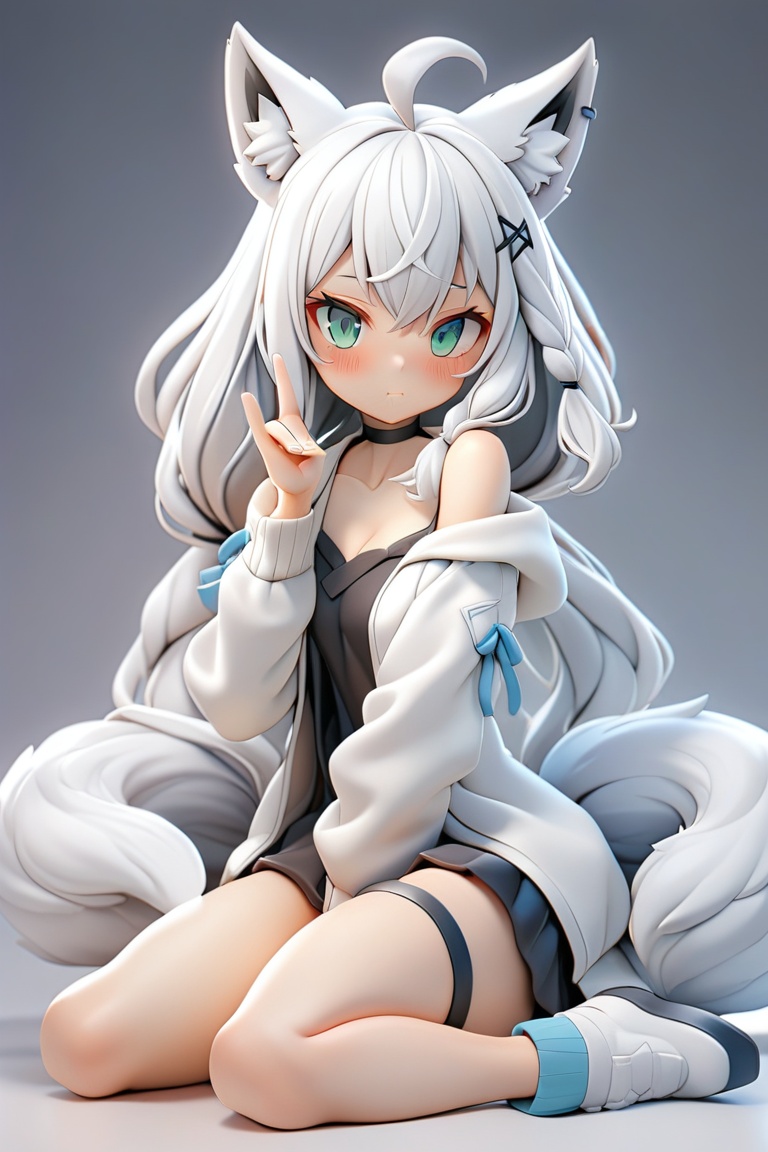 1girl, solo, tail, animal ears, virtual youtuber, fox tail, shirakami fubuki, fox ears, wariza, looking at viewer, fox girl, fur trim, long hair, white hair, white background, pentagram, jacket, sitting, fox shadow puppet, ahoge, hair between eyes, braid, hair ornament, thigh strap, bangs, choker, simple background, boots, white jacket, hairclip, twintails, side braid, black choker, fur-trimmed jacket, long sleeves, collarbone, single braid, aqua eyes, between legs, dress, open clothes, blush, hand between legs, very long hair, white footwear, (masterpiece,best quality:1.2)