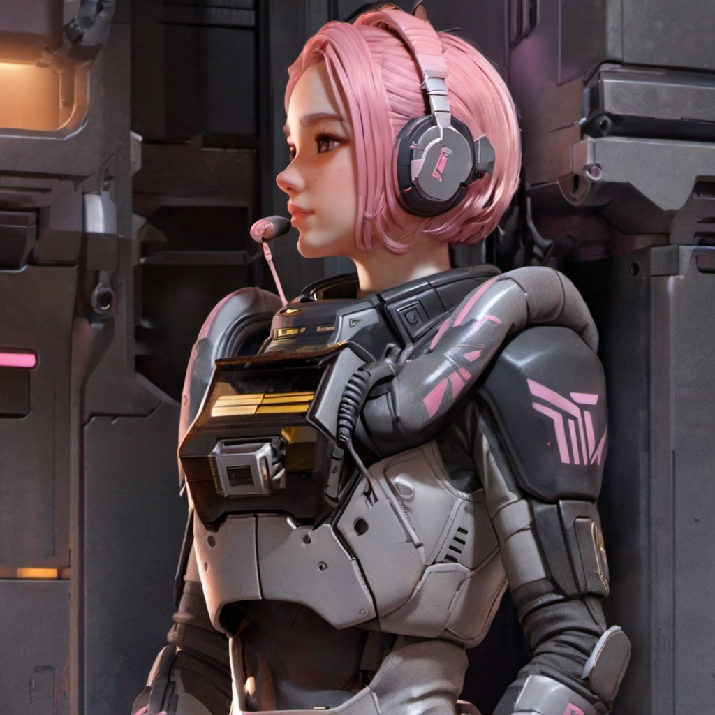 lida,1girl,<lora:lida_xl_2_v2:0.8>,lida,1girl,pink hair,solo,headset with microphone,futuristic armored suit,wearing a futuristic armored suit,short hair,from side,hand on own chest,cowboy shot, 