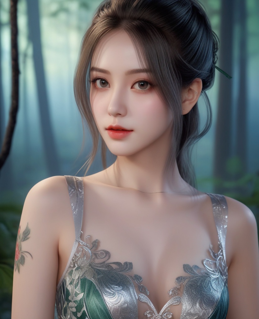 <lora:574-DA-XL-天行九歌-焰灵歌:0.8>(,1girl, ,best quality, ),looking at viewer,  ,ultra detailed background,ultra detailed background,ultra realistic 8k cg,(masterpiece:1.2),(best quality:1.2),(ultra detailed:1.2),(official art:1.3),(beauty and aesthetics:0.8),detailed,(intricate:0.8),(highly detailed),(solo),delicate countenance,1girl,fancy,(glassy texture:1.2),(crush:1.2),8k,accessory,tattoo,(transparent:1.1),gown,energy encirclement,instant,in the twinkling of an eye,upper body,woman in a mythical forest, masterpiece, perfect face, intricate details, horror theme, raw photo, photo unp(cleavage),,