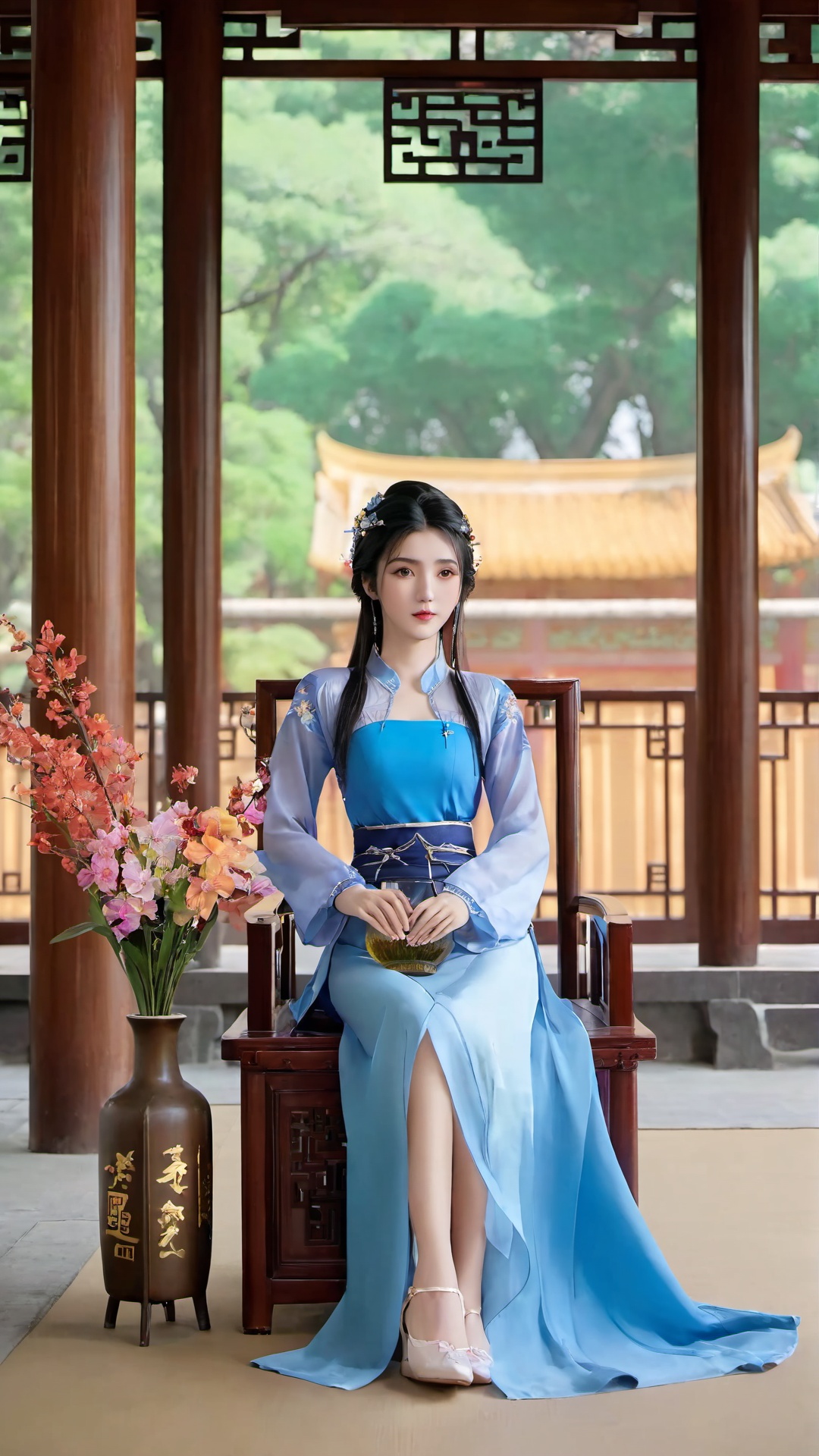 1girl,solo,sitting,skirt,chair,vase,looking at viewer,flower,korean clothes,long sleeves,hands on lap,black hair,long skirt,full body,brown eyes,<lora:仙逆-王林-马良-李慕婉合一:0.73>,china_dress,chinese_style,mid_shot,