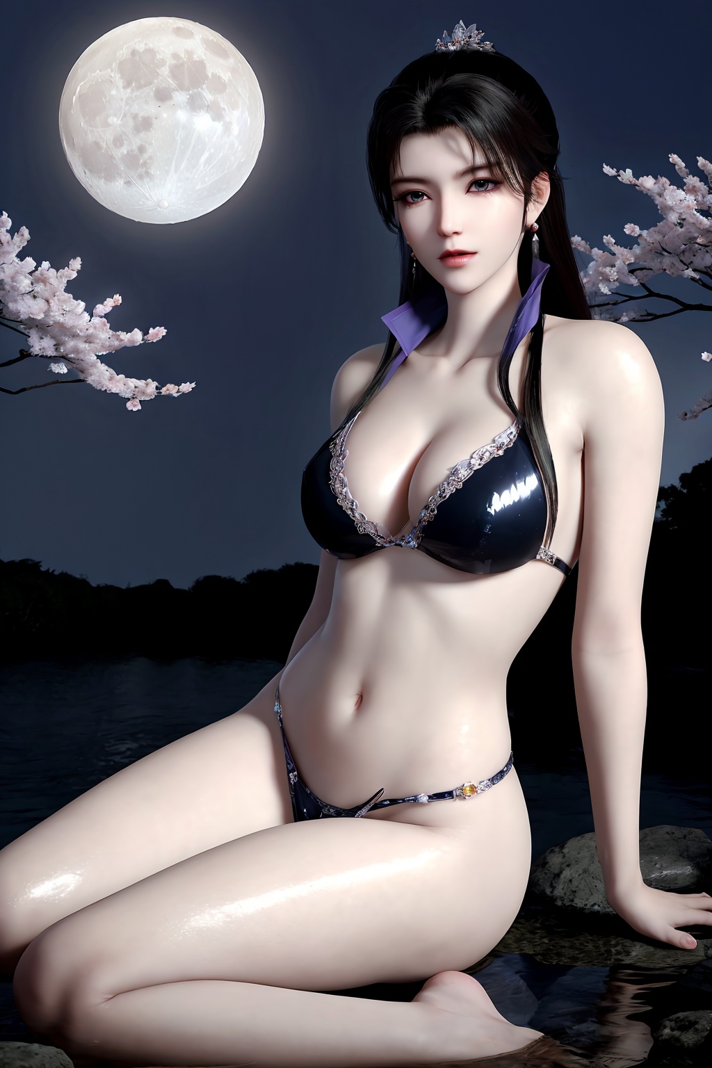 sitting, (wariza), nude, nsfw, looking_at_viewer, (best_quality), (highly_detailed), (masterpiece), (ultra-detailed), illustration,(incredibly_absurdres), (extremely_detailed_CG_unity_8k_wallpaper), (8k_wallpaper),(realistic:1.2), (photorealistic:1.3),(scenery, waterfall, (cherry_blossoms), (milfeulle_sakuraba), (petals, falling_petals), full_moon, moon, night, moonlight, night_sky, sky, petals, water, stone),1girl,solo, black_hair, long_hair, hair_ornament,  jewelry, earrings, (cleavage), white_legwear, long_legs, fingernails,nail_polish, makeup,photo_\(medium\),(crystal_texture_skin:1.3), (shiny_skin:1.4),(an_extremely_delicate_and_beautiful),<lora:syqiangk_加强_邀月_C9_5.2:0.8>,