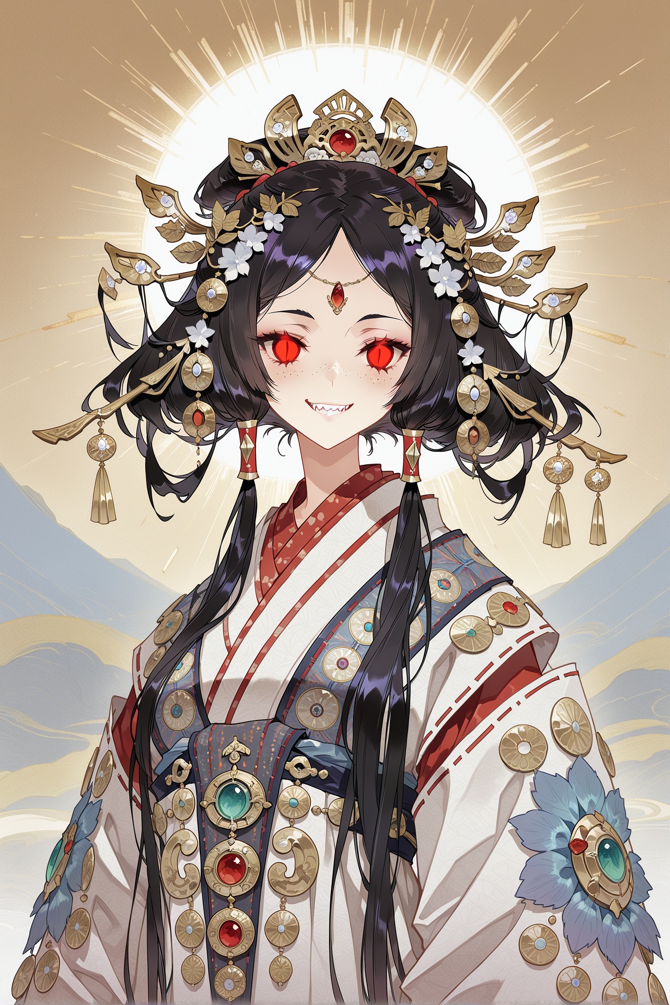 asian inspire,asian inspire,masterpiece,best quality,newest,year 2024,year 2023,very aesthetic,extreme aesthetic,absurdres,Visual impact,ultra-high resolution,32K UHD,sharp focus,Emotionalization,masterpiece,masterful details,A girl,beautiful portrait,long hair,hair accessories composed of jewels and carnelian hanging on both sides of the hair,small flowers of various colors dotted in the middle,deep-set eyes,forehead jewels,hair tubes hanging on both sides,absolutely long hair,hair tubes,slight freckles,sunlight on the face,an infectious smile,elaborate attire with traditional patterns,exquisite digital art illustration,fractal art,dynamic composition.A beautiful portrait of a young girl with long,lustrous hair. Her hair is adorned with jewelry and agate,with decorative elements hanging on either side,interspersed with small flowers of various colors in the middle,giving a richly ornamental feel. Her deep,expressive eyes are captivating,and her forehead is embellished with jewels. Hair tubes cascade down both sides,and her long locks are emphasized. Subtle freckles dot her skin,adding character to her sun-kissed face. Her infectious smile is full of vitality,and she is dressed in elaborate attire that features traditional patterns. The artwork is a fine digital illustration with fractal art elements,composed dynamically to draw the viewer in.,