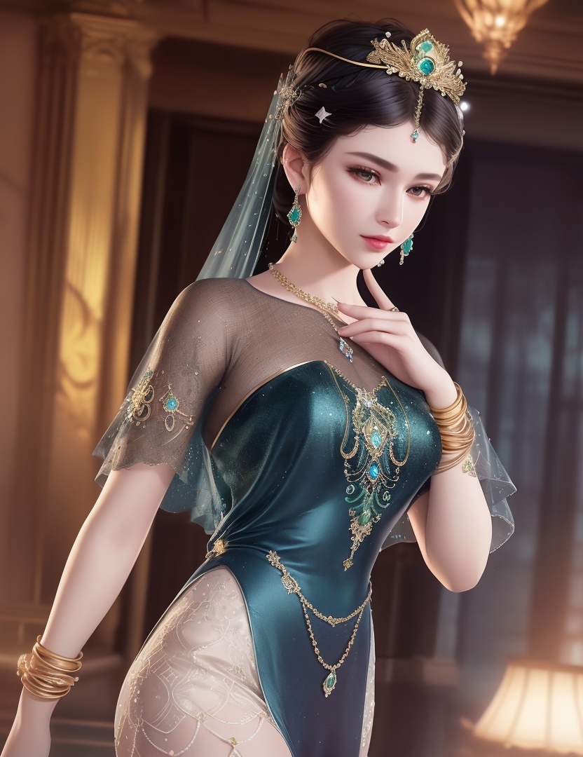 ultra realistic 8k cg, picture-perfect face, flawless, clean, masterpiece, professional artwork, famous artwork, cinematic lighting, cinematic bloom, perfect face, beautiful face, fantasy, dreamlike, unreal, science fiction,  beautiful clothes, lace, lace trim, lace-trimmed legwear,  (rich:1.4), prestige, luxury, jewelry, diamond, gold, pearl, gem, sapphire, ruby, emerald, intricate detail, delicate pattern, charming, alluring, seductive, erotic, enchanting, hair ornament, necklace, earrings, bracelet, armlet,halo((,1girl, pov,))(((,  1girl,  solo,looking at viewer, ))),(((1girl, solo, dress, jewelry)))<lora:DA_WhiteSnakeGreenSnake:0.7>