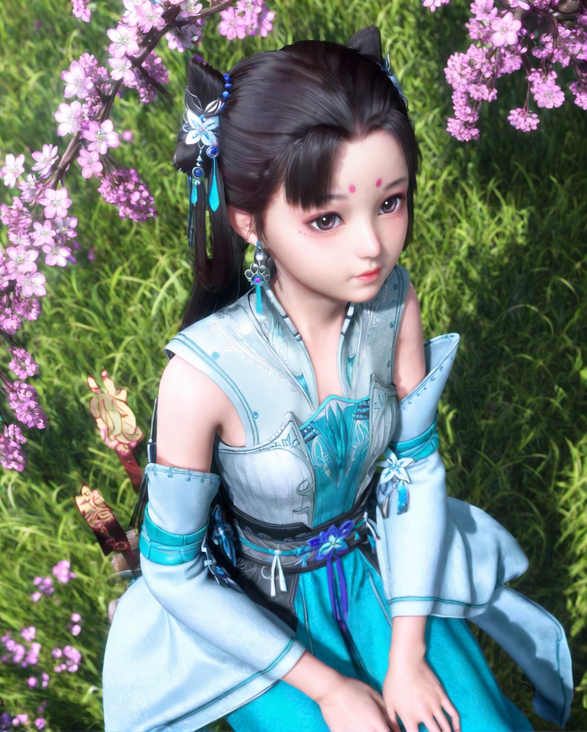 <lora:SF_XiaoLanLingE_Pony_Realism-000003:0.7>,1girl,solo,flower,forehead mark,twintails,dress,earrings,detached sleeves,facial mark,hair ornament,jewelry,sitting,looking at viewer,branch,black hair,long hair,from above,hair bun,blue dress,