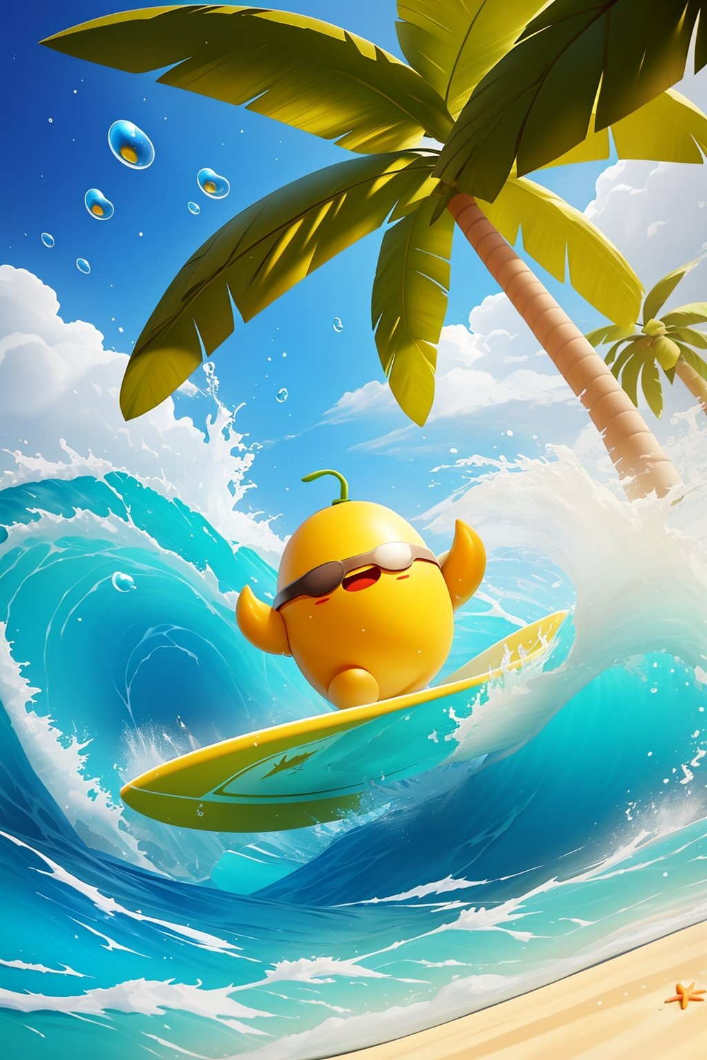 Mangoes,surfboards,coconut trees,bubbles,beach,blue sky,depth of field,bubbles,fish,horizon,leaves,ocean,Open Mouth,outdoors,palm trees,plants,potted plants,sand,clouds,trees,water drops,Masterpiece,16k,<lora:冲浪芒果:0.6>,