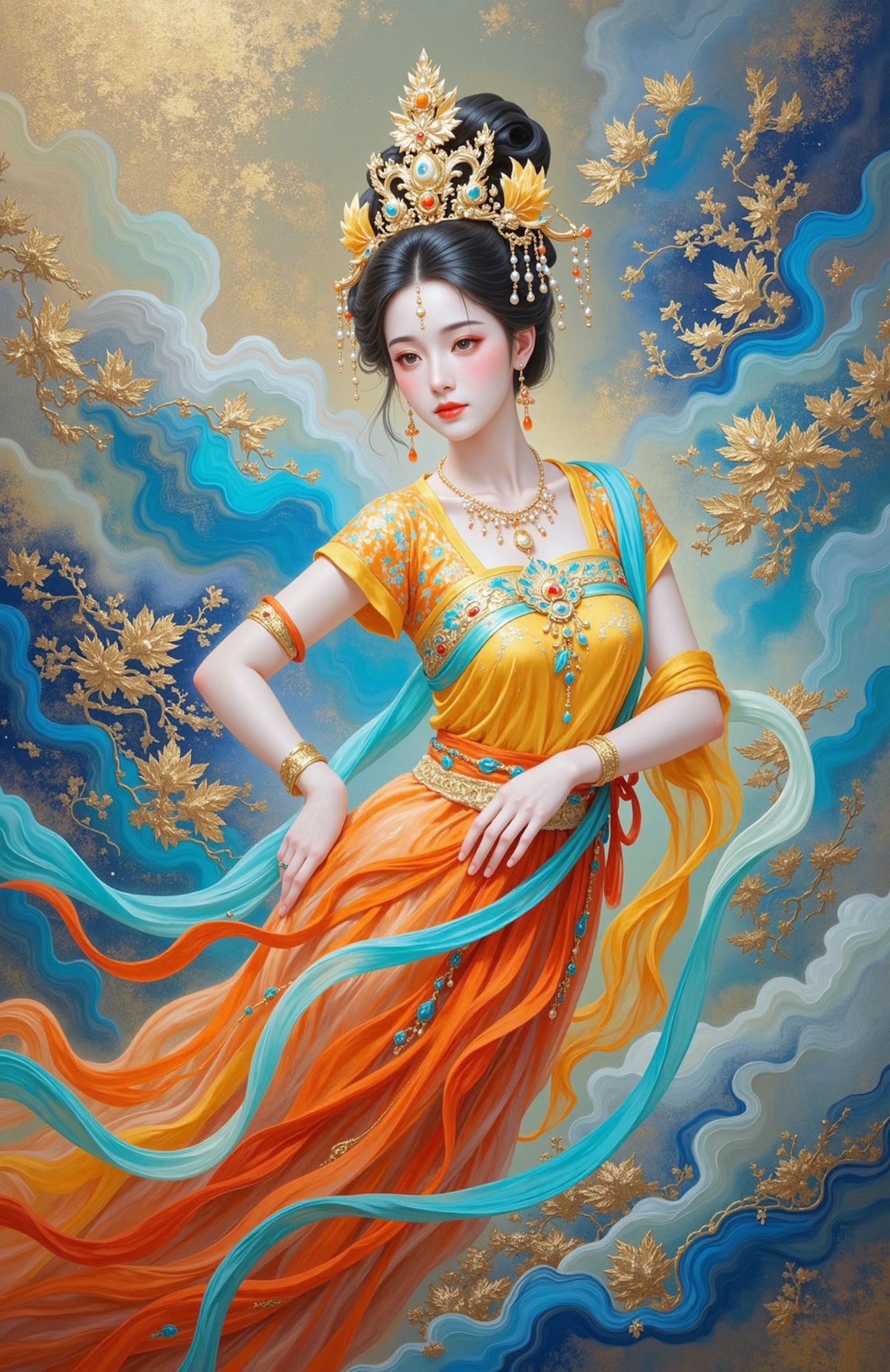 ,19guofeng,gold foil rock color,rock color painting,frosted texture painting,Chinese style professional painting,a vibrant painting of a Asian woman,adorned with a crown on her head. She is adorned with gold jewelry,a necklace,a bracelet,and a ring on her right hand. Her hair is styled in a crown,adding a touch of beauty to the scene. Her dress is adorned in a flowing orange and blue pattern,while her left hand rests on her hip. The background is a mix of blue and white clouds,creating a striking contrast with the vibrant colors.,
