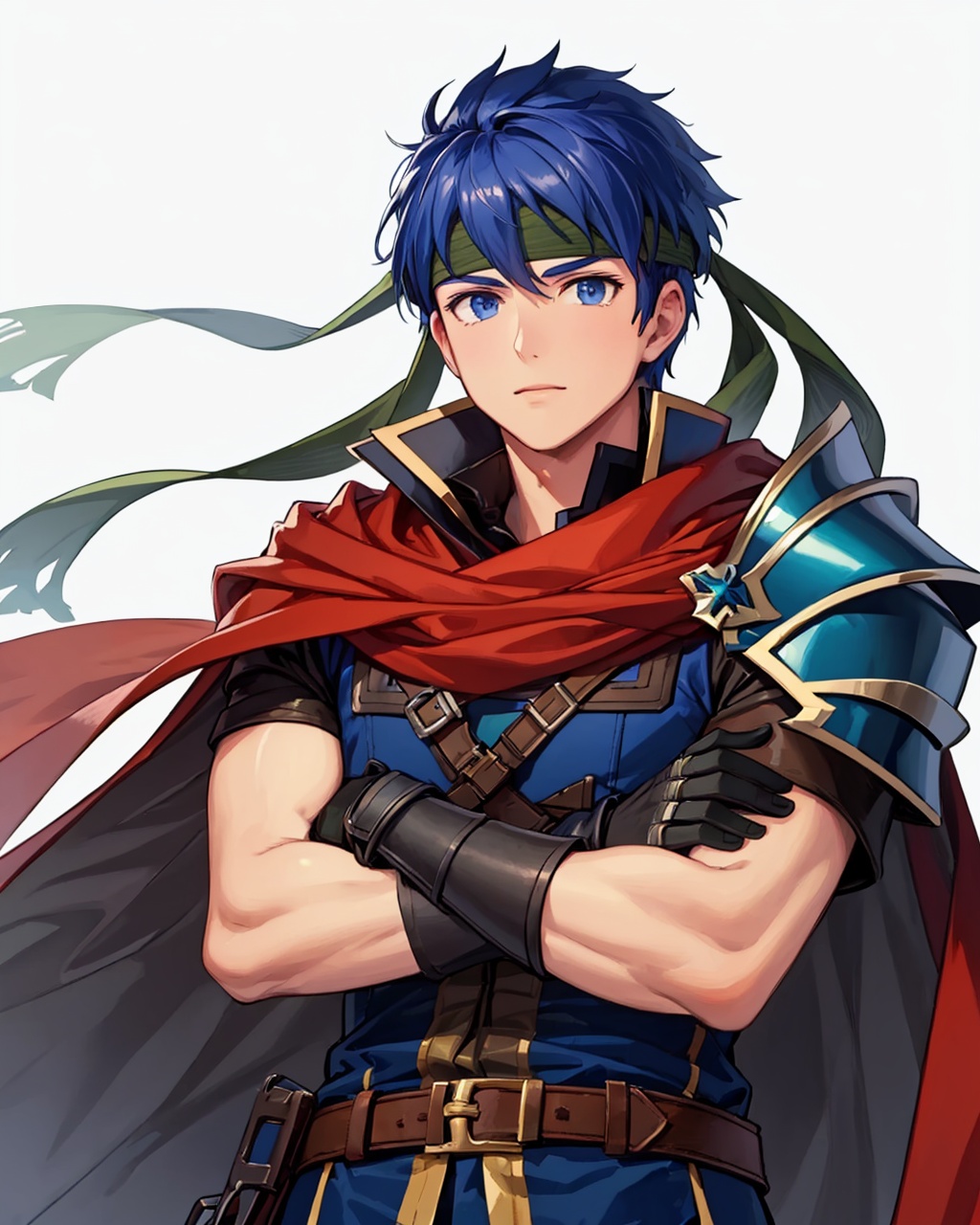 masterpiece,best quality, highly detailed, ike (fire emblem), headband, male focus, 1boy, cape, gloves, crossed arms, armor, simple background,<lora:ike_(fire_emblem):1>