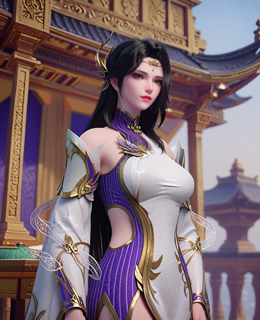 (oriental architecture, elegant decor, sophisticated style:1.1),(Walking forward with a confident stride,:1.1),looking at viewer,(breasts:1.2),<lora:XL斗破苍穹玄衣:0.95>,miss xuanyi,white paired with purple dress,buff eyes,hair ornament,black hair,long hair,detached sleeves,shawl‌‌,, score_9,score_8_up,score_7_up,score_6_up,score_5_up,score_4_up,3d rendering,tag1,tag2, Cinematic Lighting,backlighting,