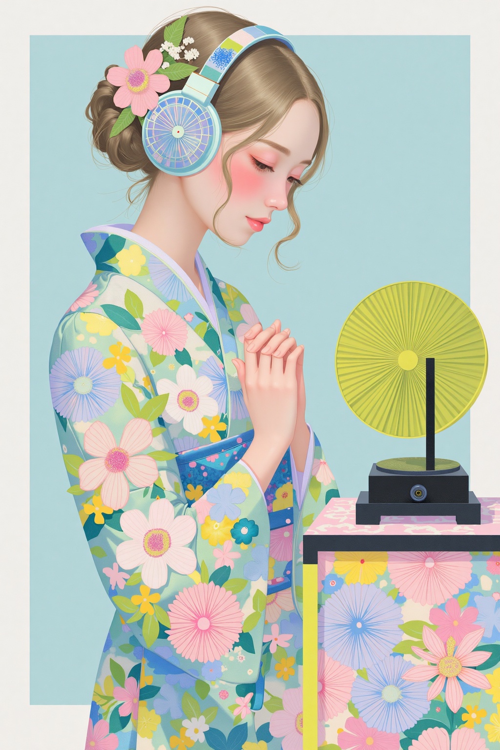 beijihui,An abstract painting of a woman in a kimono. The woman is wearing a pair of headphones on her head. Her hair is pulled back in a ponytail. Her dress is adorned with a variety of flowers, including pink, blue, yellow, and green. Her hands are clasped in front of her body. The background is a light blue, with a white border. To the right of the woman is a black scale with a green fan on top of it.