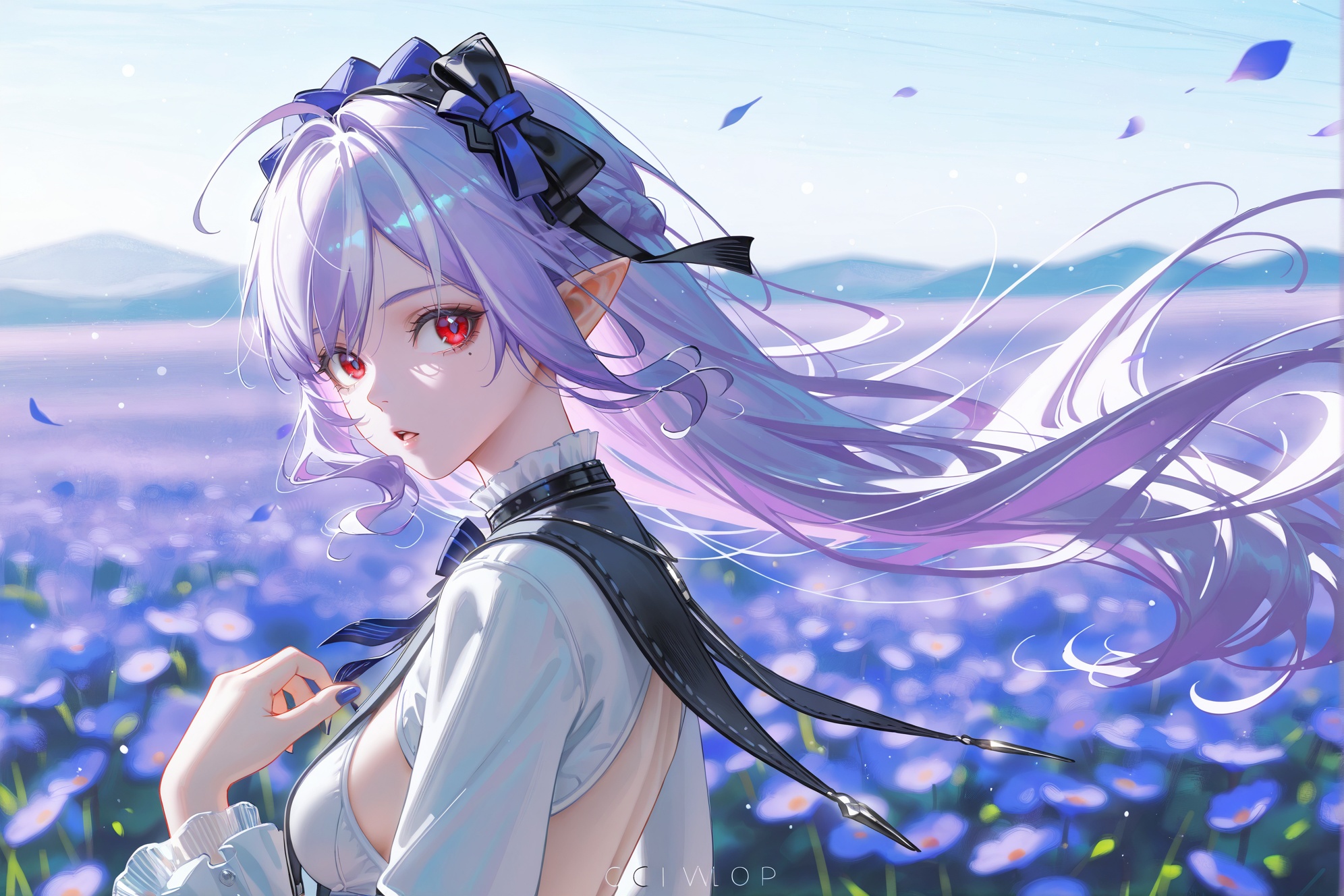 8k,best quality,masterpiece,(ultra-detailed),(high detailed skin),((artist:reoen),  year 2024:0.8)1girl,[artist:wlop],[artist:ningen_mame],artist:ciloranko,[[artist:rhasta]],artist:tidsean,artist:iumu,artist:nyarko,wind,solo,She leaned into the wind and stopping herself from blowing any further across the field,swept bangs,side hair flap,linear hatching,upper body,open field,sandals,best quality,amazing quality,very aesthetic,absurdres,close-up,looking to the side,<lora:vivian-ill-Tanger:0.8>,vivian \(zenless zone zero\),vivian hairband with bow,1girl,red eyes,long hair,black footwear,long sleeves,pointy ears,bow,