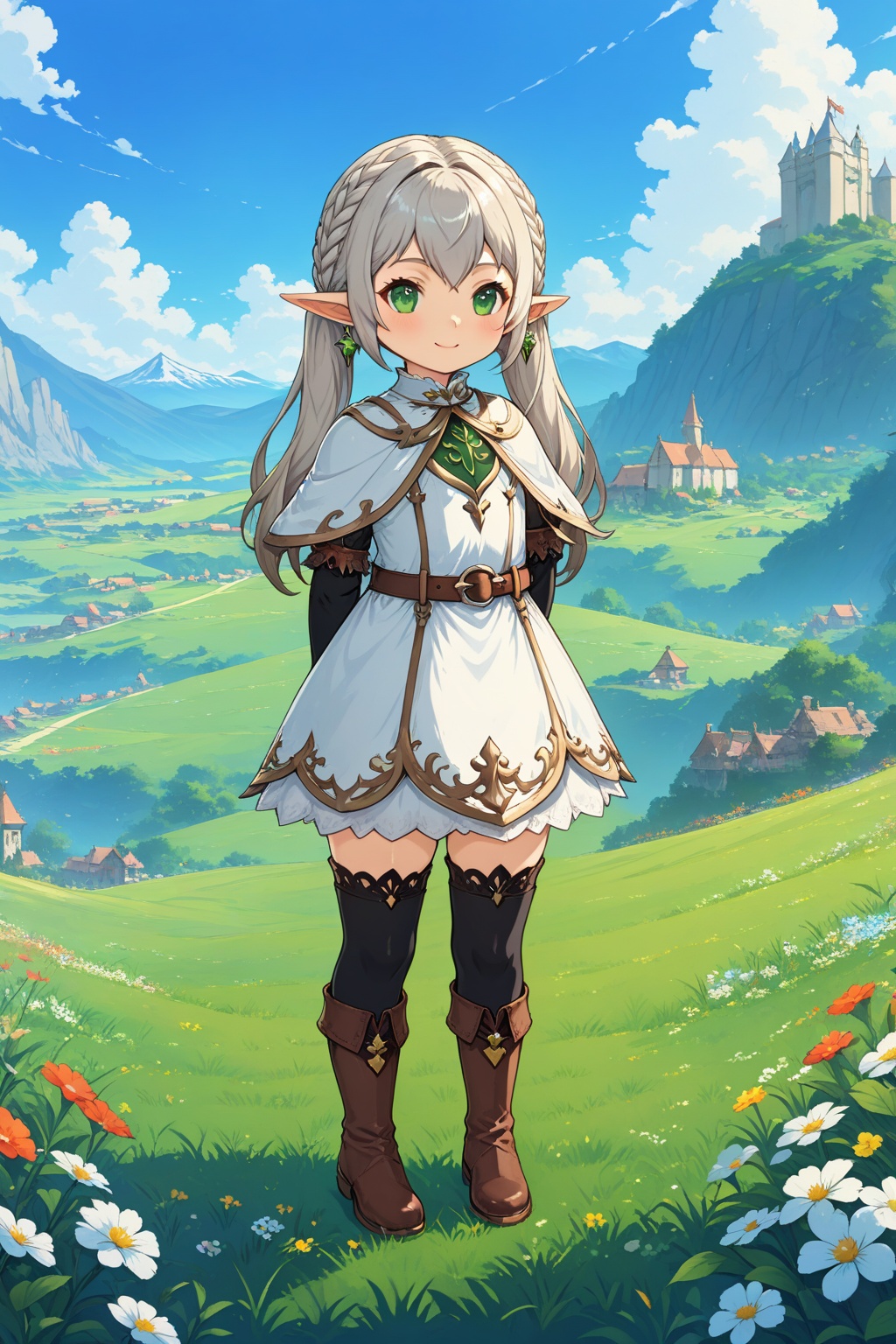 Shinkai Style, background blur, Depth of field, game scene, masterpiece, HD, best quality, 16k,1girl, solo, long hair, looking at viewer, smile, bangs, thighhighs, dress, twintails, jewelry, green eyes, standing, full body, flower, white hair, earrings, boots, outdoors, sky, day, pointy ears, belt, black thighhighs, white dress, capelet, brown footwear, arms behind back, grass, elf, white capelet, lalafell, uafs, nahida<lora:蔚蓝Blue2D游戏角色tusi:1> <lora:蔚蓝Blue中国龙SDXL:0.8> <lora:蔚蓝Blue_ROPG游戏_SDXL_Pony:0.8>