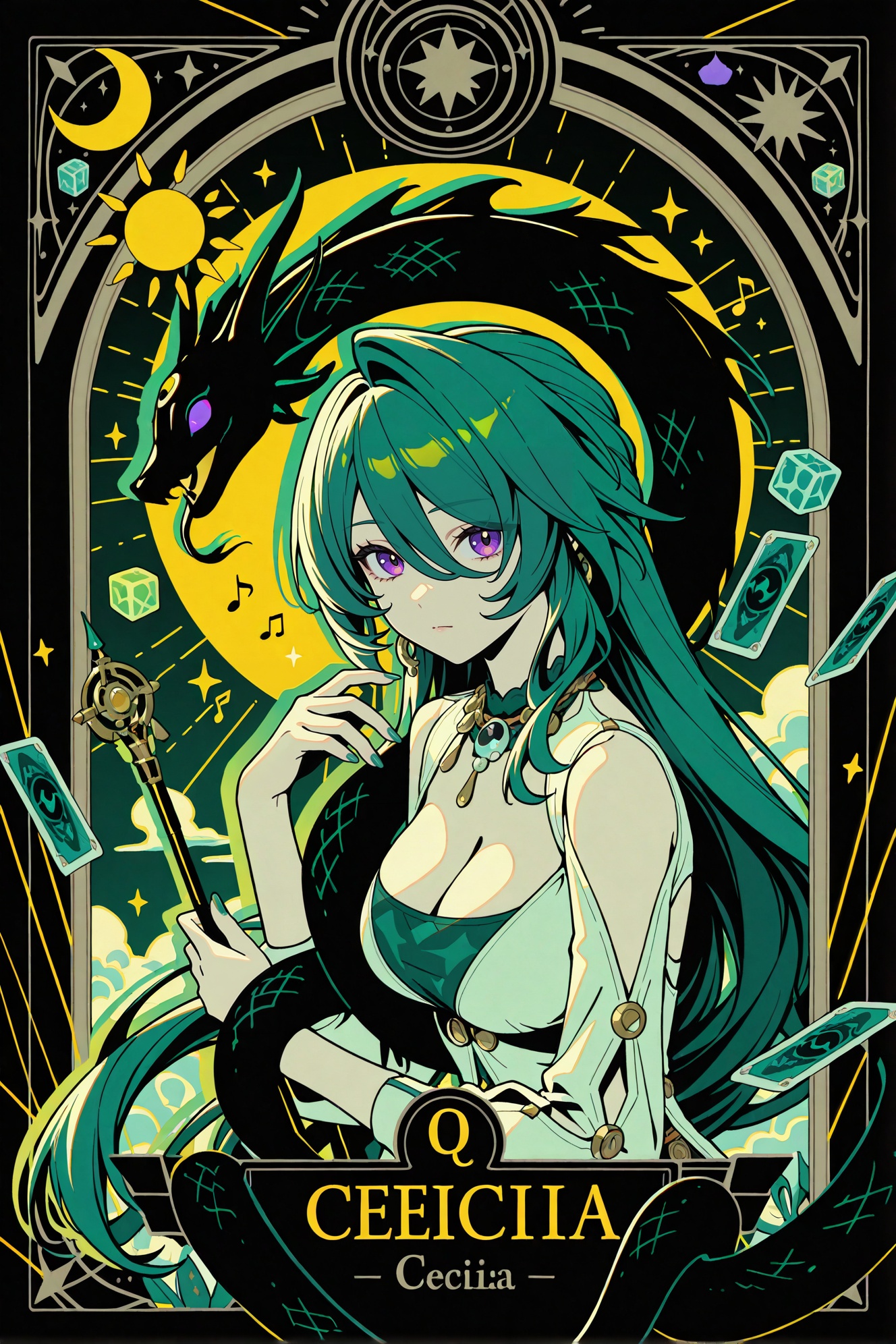 chihaya_anon,1girl,::,__artist__,year 2024,(drop shadow:1.4),(close-up:0.8),(shadow:1.2),(hands up:1.2),(border:1.2),(outside border:1.2),(hand up:1.2),(character name:1.2),from side,hand up,closed mouth,upper body,high contrast,frown,looking at another,looking at viewer,rope,portrait,drop shadow,sparkle,^ ^,flag,limited palette,moon,yin yang,bug,cloud,star (symbol),circle,silk,arrow (symbol),staff,(musical note),(((tarot card))),black theme,(((sun))),cube,crescent moon,flower,sunlight,colorful,very awa,masterpiece,best quality,newest,highres,absurdres,snake,snake in shadow,<lora:Cecilia-ill-Tanger-000013:0.8>,Cecilia \(Zenless Zone Zero\),siren,clothes: Ceciliadef dress,1girl,long hair,breasts,bangs,large breasts,dress,cleavage,jewelry,very long hair,purple eyes,green hair,nail polish,high heels,white footwear,toenail polish,tail,