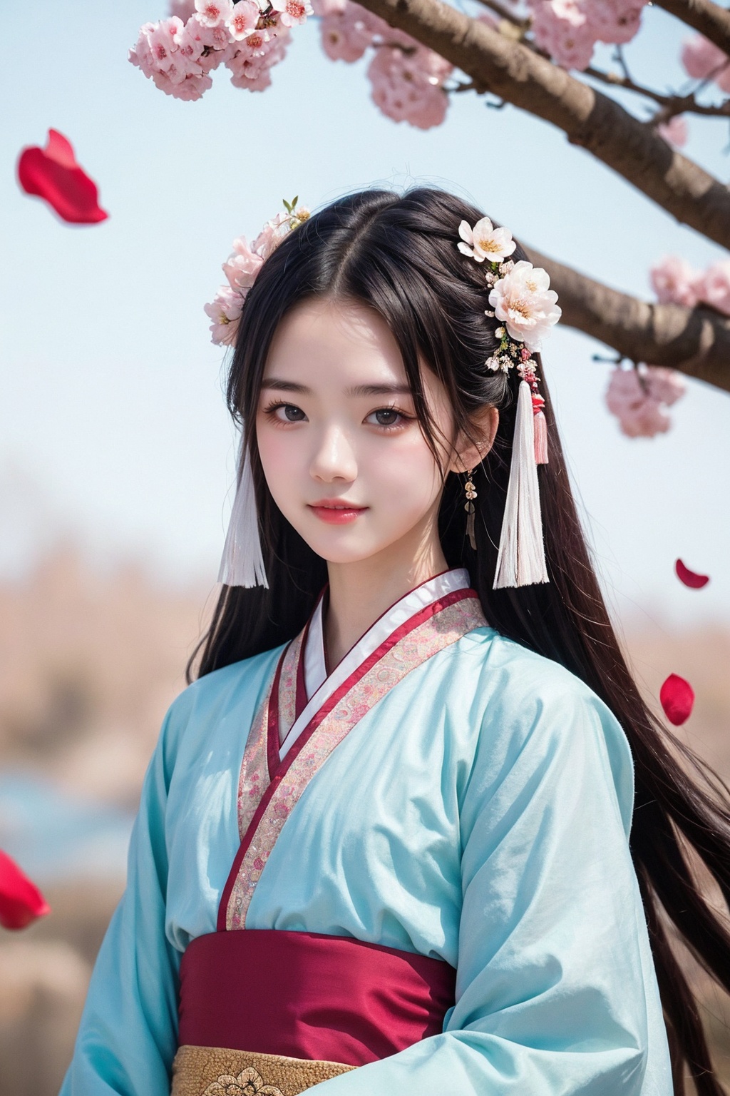 1girl,upper body,hanfu,sidelocks,floating petals.,