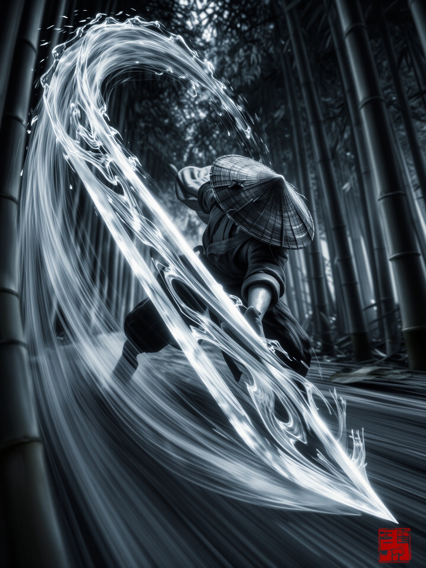YY Anime style,CG质感，黑夜竹林，远景，水墨风斗笠披风武林高手，不规则流动的动态水流能量刀身，倾斜贴地前冲，人物因为速度呈现运动模糊，全力向上劈砍招式，整把刀因为速度而完全从左上到右下运动线的运动模糊，完全从水流构成的刀身向后延伸的巨型波动不规则弧线形流水特效的刀运动痕迹，高斯模糊，径向模糊，极速感，速度线，刀身特效运动痕迹在画面最前端，遮盖人物和景物。画面右下角盖印章酷蕉传媒