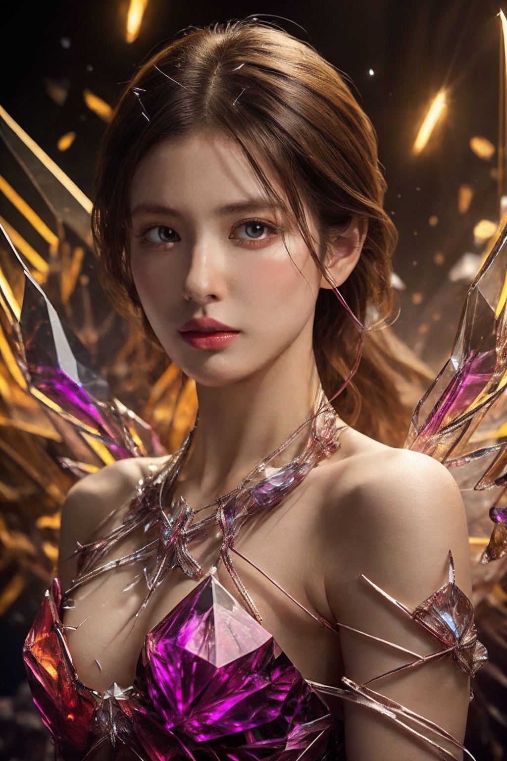 Epic composition,photo realistic,ultra detailed,highly detailed,ray tracing,upper body,1girl,solo,bare shoulders,exquisite face,beautiful eyes,crystal wings,her torn skin revealing the wires inside,crystal components,spark,inners visible,<lora:crystal_20231127214245-000018:0.7:lbw=1,1,0,0,0,1,1,1,1,1,1,1,1,1,1,1,1>,crystal,