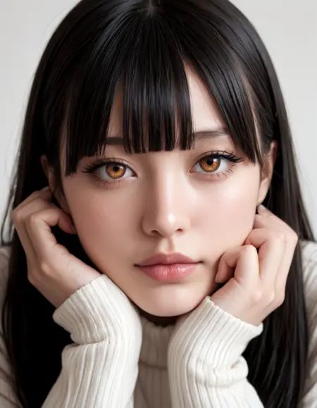 a portrait of a beautiful girl with long eyelashes, puffy lips, long black hair, blunt bangs, makeup, mascara, lipgloss, amber eyes, seductive, wearing a ribbed sweater, sleeves past wrists, hand on own cheek, head tilt, simple background, dramatic lighting,, masterpiece, ultra-HD, photorealistic, high detail, best quality, 8k, best quality, sharp focus, ray-tracing, realistic, depth of field, shallow depth of field, raw photo.
