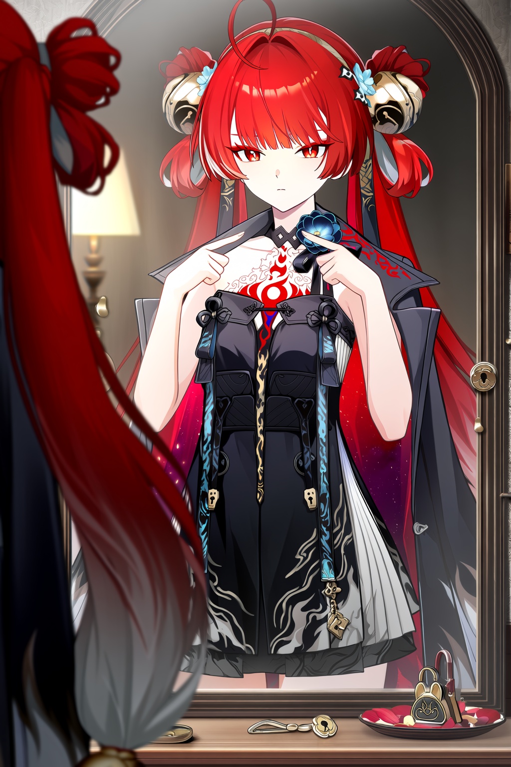 suoming (wuthering waves),  close-up mirror shot,  a girl with very long red hair fading to grey at the tips on Tensor.Art