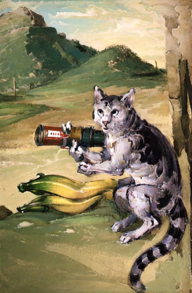 masterpiece, best quality, Medievalcat,solo,desert,  <lora:Medievalcat:0.9>,medieval, painting,sketch,scrawl,banana,rocket launcher, 