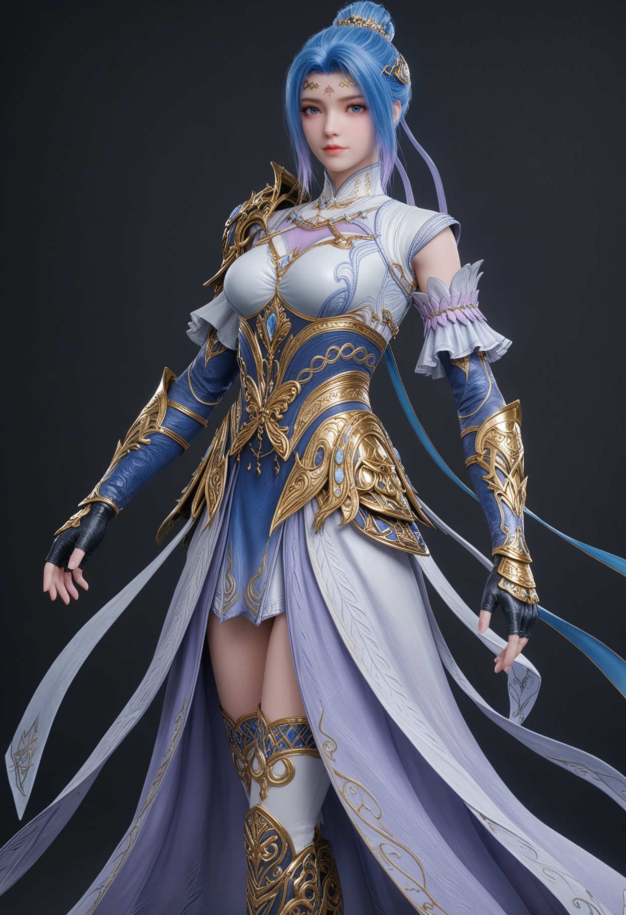 (cowboy shot:1.2),score_9,score_8_up,masterpiece,(best quality),intricate details,facing viewer,(looking at viewer:1.1),<lora:YQ_pony_tangwutong_fuzhuang4_V4:0.8>,q1528437228,1girl,solo,blue hair,dress,blue eyes,hair bun,hair ornament,armor,gloves,single hair bun,forehead mark,white dress,fingerless gloves,boots,thighhighs,shoulder armor,high heels,short hair,long hair,blue dress,high heel boots,black gloves,detached sleeves,knee boots,multicolored hair,pauldrons,jewelry,skirt,white thighhighs,BREAKscore_9,score_8_up,masterpiece,(best quality),perfect anatomy,(hourglass),perfect face,(simple background,pure black background,black background:1.1),fair_skin,shiny_skin,Ivory_skin,