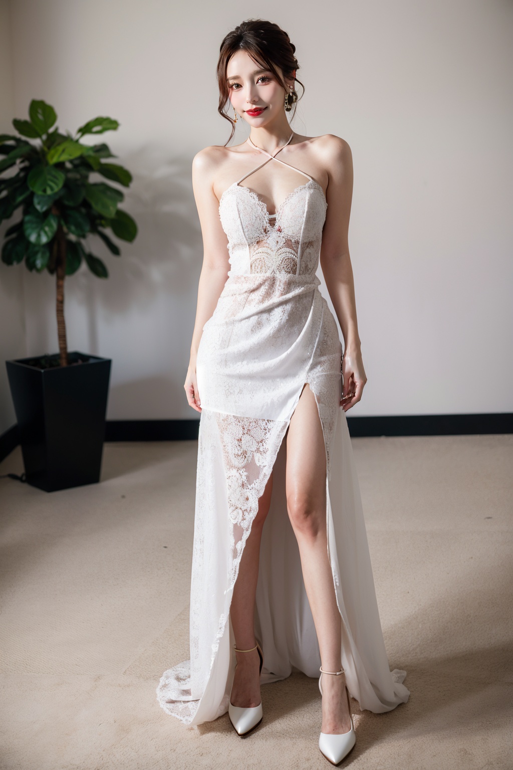 ((masterpiece, highest quality, Highest image quality, High resolution, photorealistic)),(Good structure),DSLR Quality,ito,1girl,solo,realistic,dress,wedding dress,chinese wedding dress,red wedding dress,(black hair:1.3),jewelry,earrings,standing,full body,looking at viewer,smile,bride,black eyes,ring,front_view,Depth of field,<lora:MI03:1>,