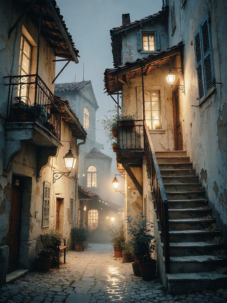 Bradhamel art style. A narrow,  cobblestone alleyway in a European old town at twilight,  flanked by weathered multi-story...