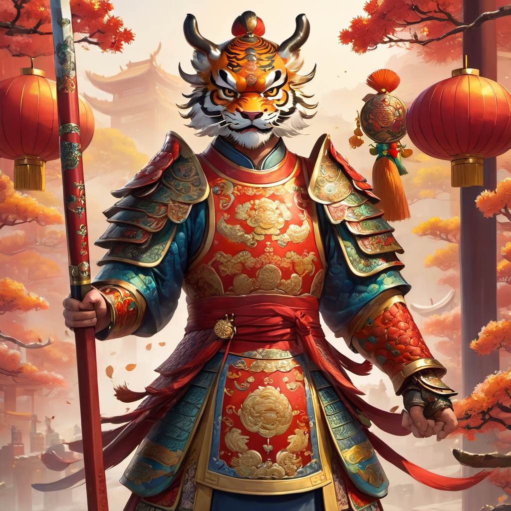 Chinese New Year paintings,menshen,china_ weapon,Patterned china_armor,holding weapon,male focus,holding sword,2mans,china hat,standing,full body,eastern dragon,tiger,, (high quality), best quality, (4k), 8k, super detailed, (full detail), (masterpiece), (realistic), super detailed,(Exquisite details) ,intricate,