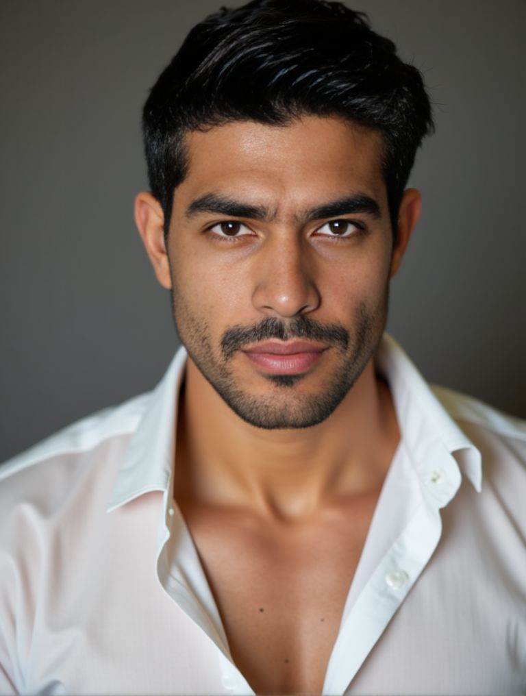 Harman Singha ,  Photorealistic . sheer white shirt halfâ€‘removed. intricate fabric textures. dramatic studio lighting. u...