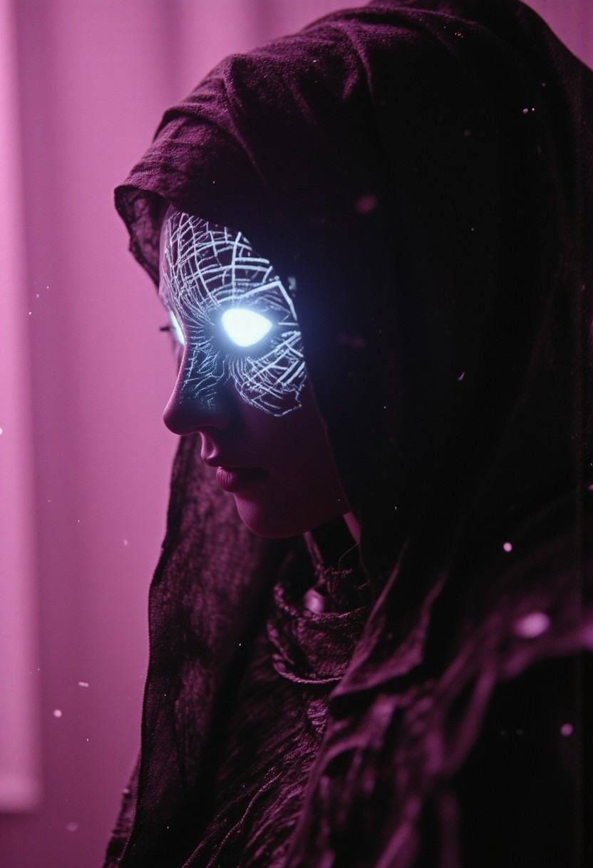 Perfect Neon Colorful and bright Scene,  polished AS science fiction,  extreme hkevil no face closeup movie portrait on Te...
