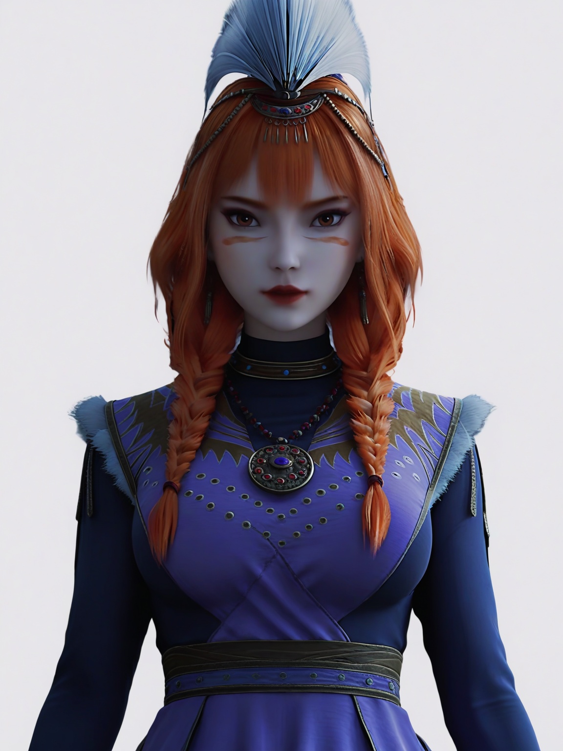 score_9,<lora:SF_SiYuDan_Pony_Realism2.3-000004:0.7>,1girl,solo,dress,orange hair,bangs, large breasts,multiple braids,twin braids,facepaint,facial mark,feathers,hair over shoulder,long sleeves,lipstick, hair ornament,standing,looking at viewer,white background,