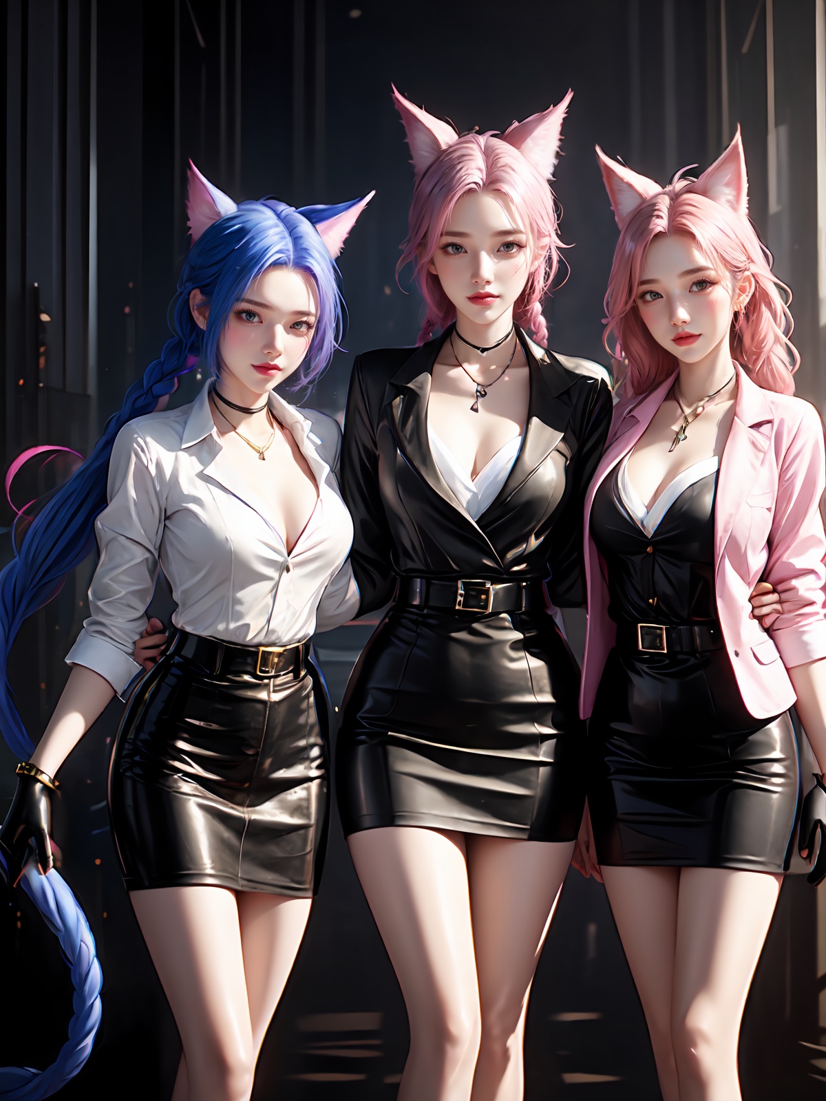 breasts,skirt,long hair,jinx (league of legends),multiple girls,animal ears,pink hair,cleavage,braid,pantyhose,belt,very long hair,blue hair,pencil skirt,looking at viewer,thighhighs,jacket,shirt,gloves,black skirt,white shirt,medium breasts,4girls,black gloves,high-waist skirt,open clothes,cat ears,standing,black dress,open jacket,choker,ahri (league of legends),braided ponytail,tail,miniskirt,collared shirt,facial mark,fox ears,jewelry,bangs,parted lips,pink eyes,shirt tucked in,thigh strap,large breasts,sleeves rolled up,long sleeves,smile,closed mouth,whisker markings,lips,dress,caitlyn (league of legends),red lips,pointy ears,plant,zettai ryouiki,tattoo,grey hair,alternate costume,necklace,<lora:lolnvtuan-000018:0.6>,