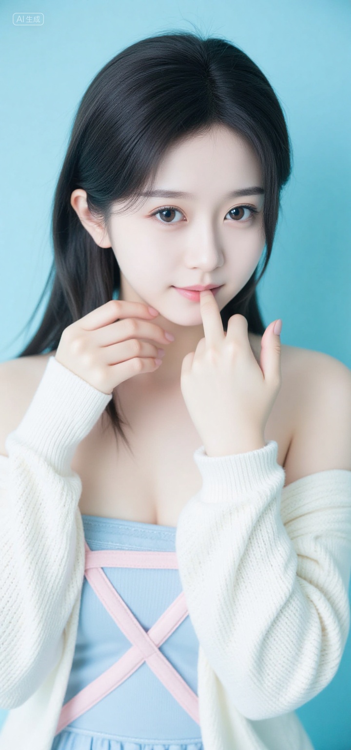 An Asian female star,large natural breast,8K resolution,professional grade photography,shooting a cute girl,perfect upper body,delicate and detailed facial features,she has bright and expressive brown eyes,natural and fresh eye makeup,soft and smooth eyebrows that complement her overall temperament,small and slightly upturned nose,pink lips,showing a gentle and sweet expression,natural and realistic facial pore structure,jet black shoulder-length hair neatly smooth,hair strands show natural luster and transparency,she is wearing a light blue strapless dress,with a pink cross-strap design on the chest,wearing a white knitted cardigan,the texture of the material is clearly visible,the posture is cute,hands with index finger and thumb gently touching the cheeks,as if to be cute,background is pure light blue,the light is even and soft,accurately lit from an appropriate angle,creating a fresh and sweet lighting atmosphere,the colors in the picture are vivid and natural,high sharpness,low noise,depth of field highlights the subject,details are rich,showing extremely high quality and realism,conveying a playful and cute emotional atmosphere.,, Negative prompt: ng_deepnegative_v1_75t,(badhandv4:1.2),EasyNegative,(worst quality:2),,nsfw, Steps: 20, Sampler: Euler, CFG scale: 3.5, Seed: 2401067185, Size: 720x1536, Model hash: 49fe535dad, Model: 星梦·电影&电视剧_Film_fp8.safetensors, Denoising strength: 0, RNG: CPU, Lora 1: F.1极致摄影-清颜冷杉, Lora Hash 1: 0214f6755f, Lora Weight 1: 0.8, vae_name: automatic