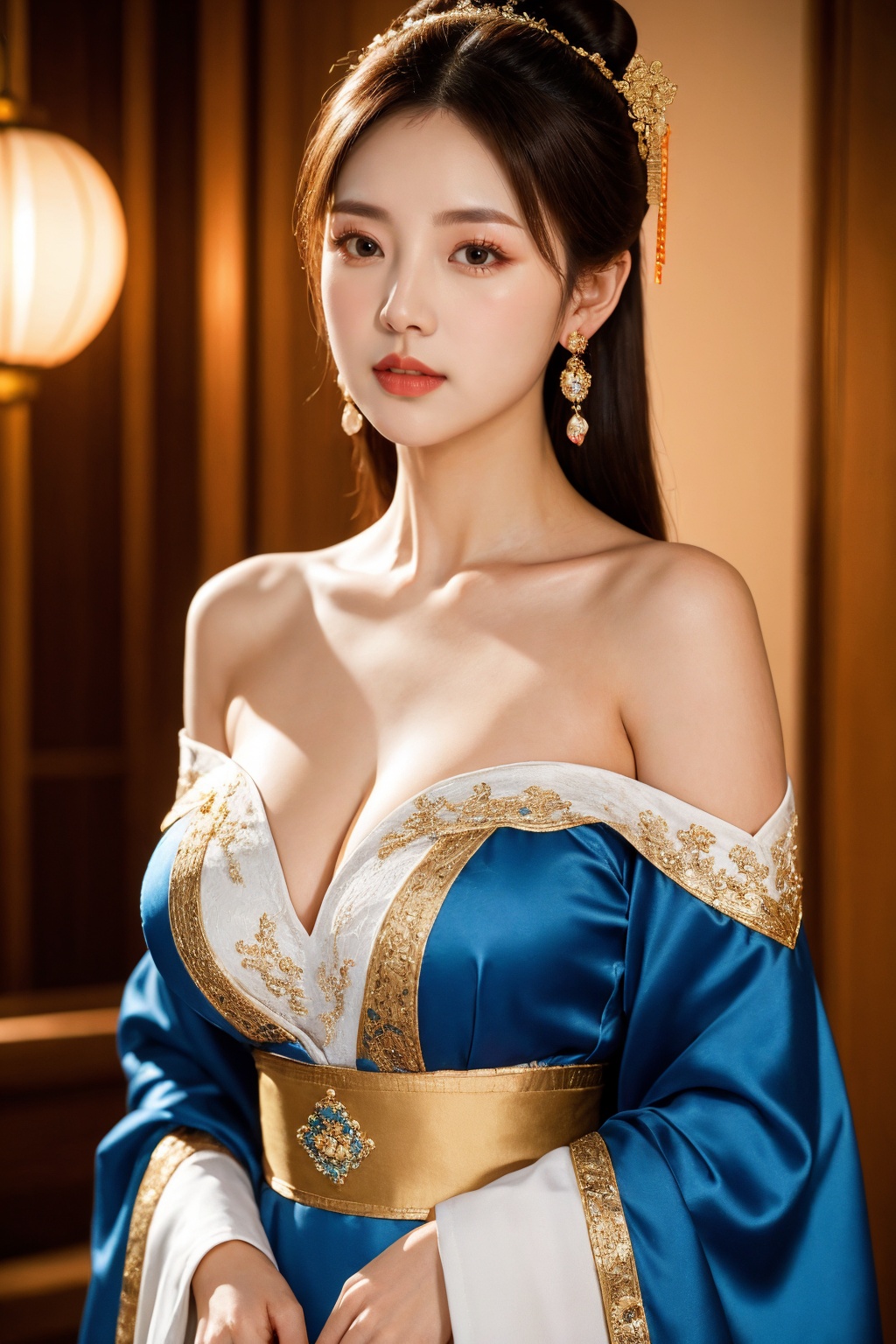 1girl, solo, dress, long hair, hair ornament, breasts, bare shoulders, chinese clothes, jewelry, earrings, realistic, hair bun, blue dress, looking at viewer, sash, off shoulder, upper body, white dress, brown hair, parted lips, black hair, cleavage, large breasts, long sleeves