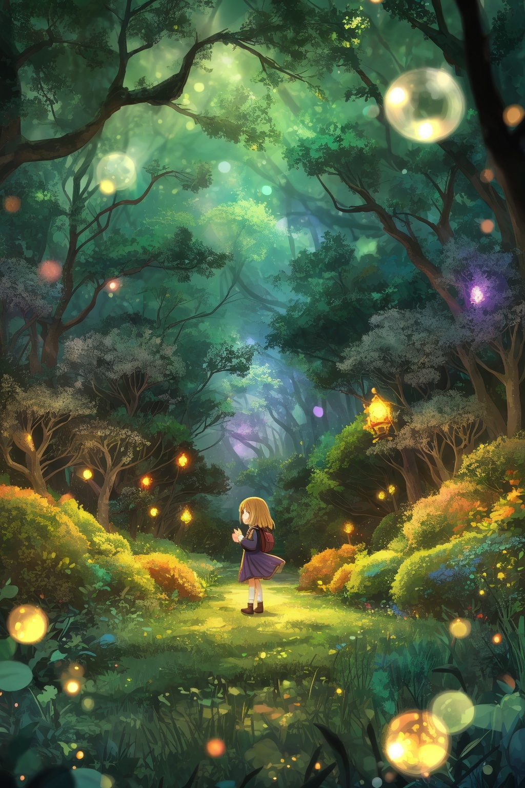 1 girl,  walking in Fantasy forest town,  bokeh on Tensor.Art