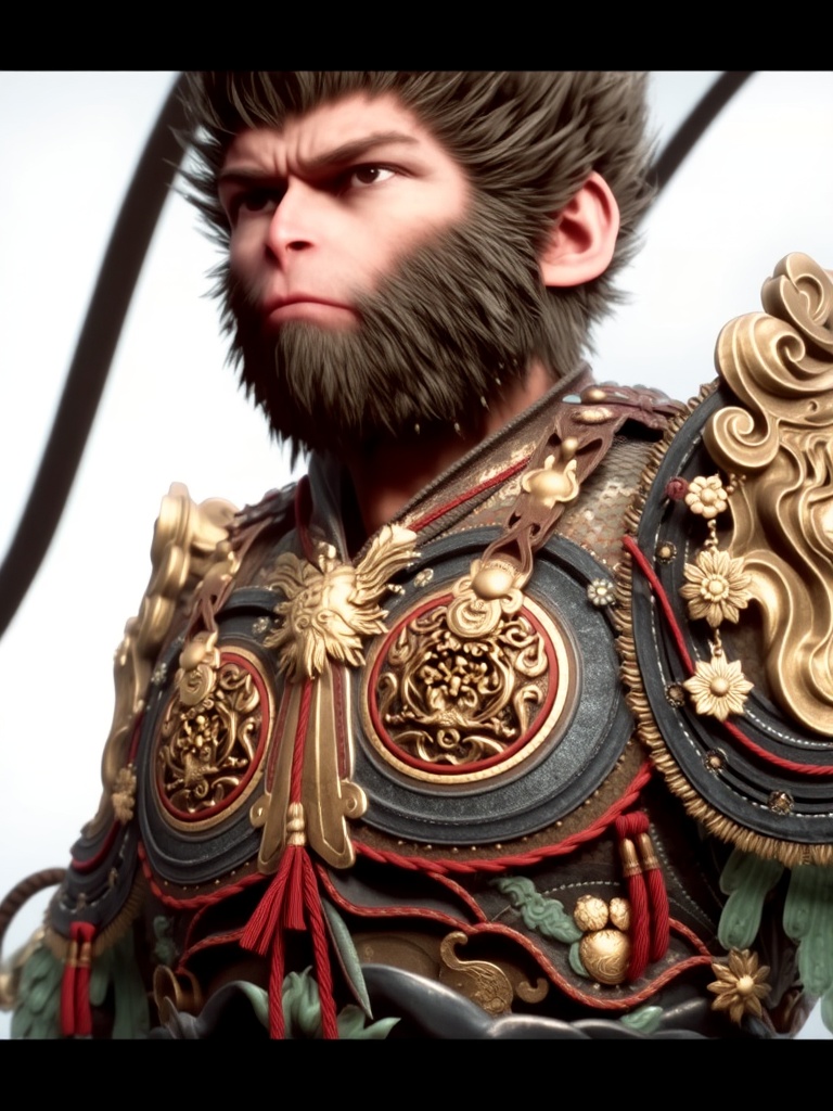 wukong,  This image is a highly detailed digital illustration featuring a fierce,  mythical character with an anthropomorp...