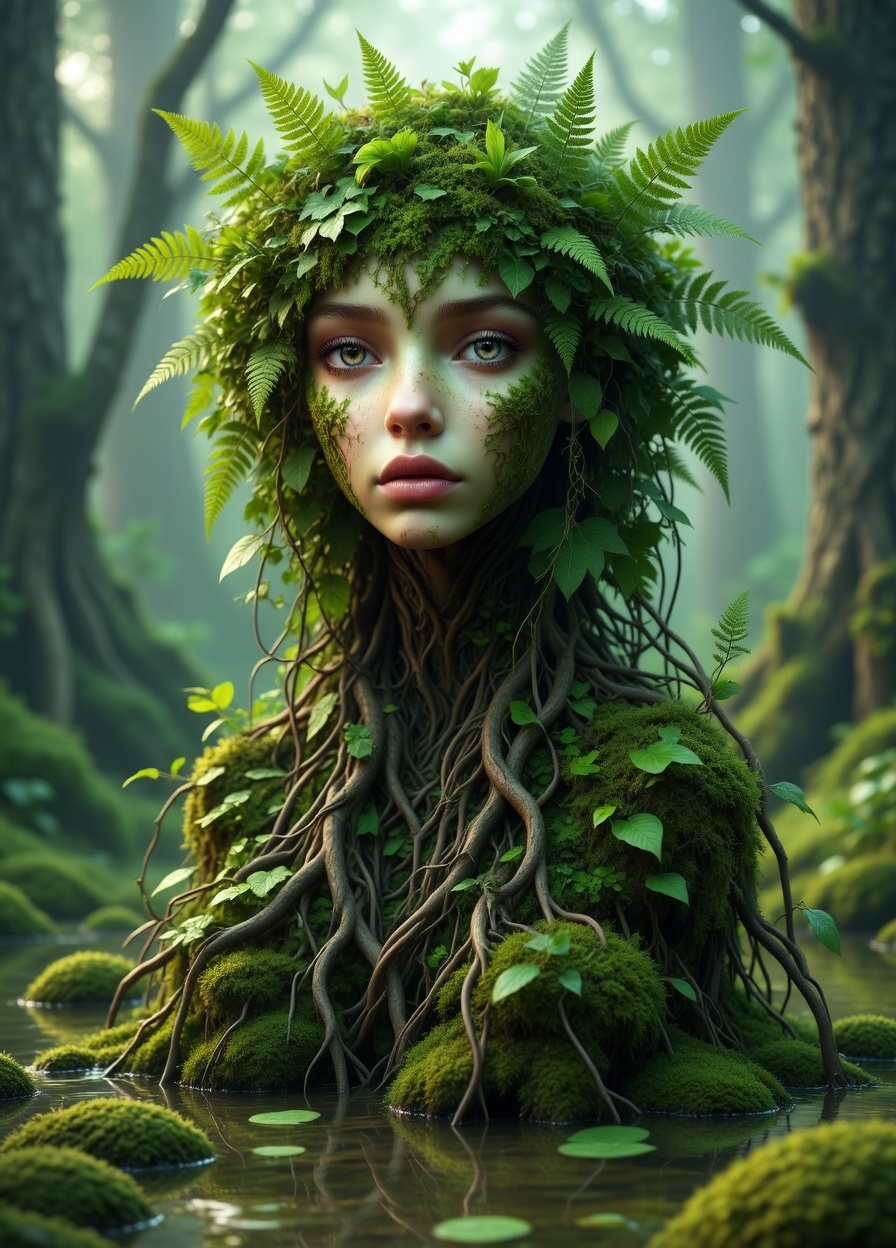 A living swamp hummock with the face of a beautiful girl. In style of AITB_FLUX_BoPoSu. on Tensor.Art