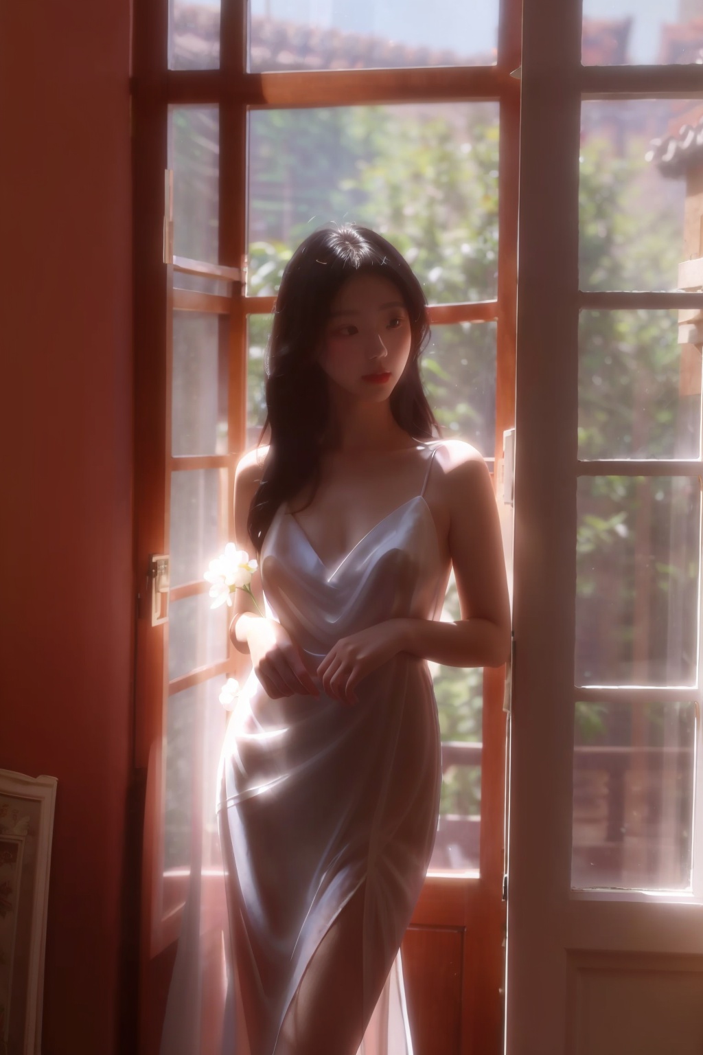 <lora:juanshaxi:0.8>,juanshaxi-style,wtteg-white-tulle-transparent-evening-gown,hf-hazy-feeling,sunlight,sl-soft-light,1girl,solo,long hair,breasts,black hair,flower,lips,window,realistic,bare shoulders,standing,indoors,backlighting,cigarette,
