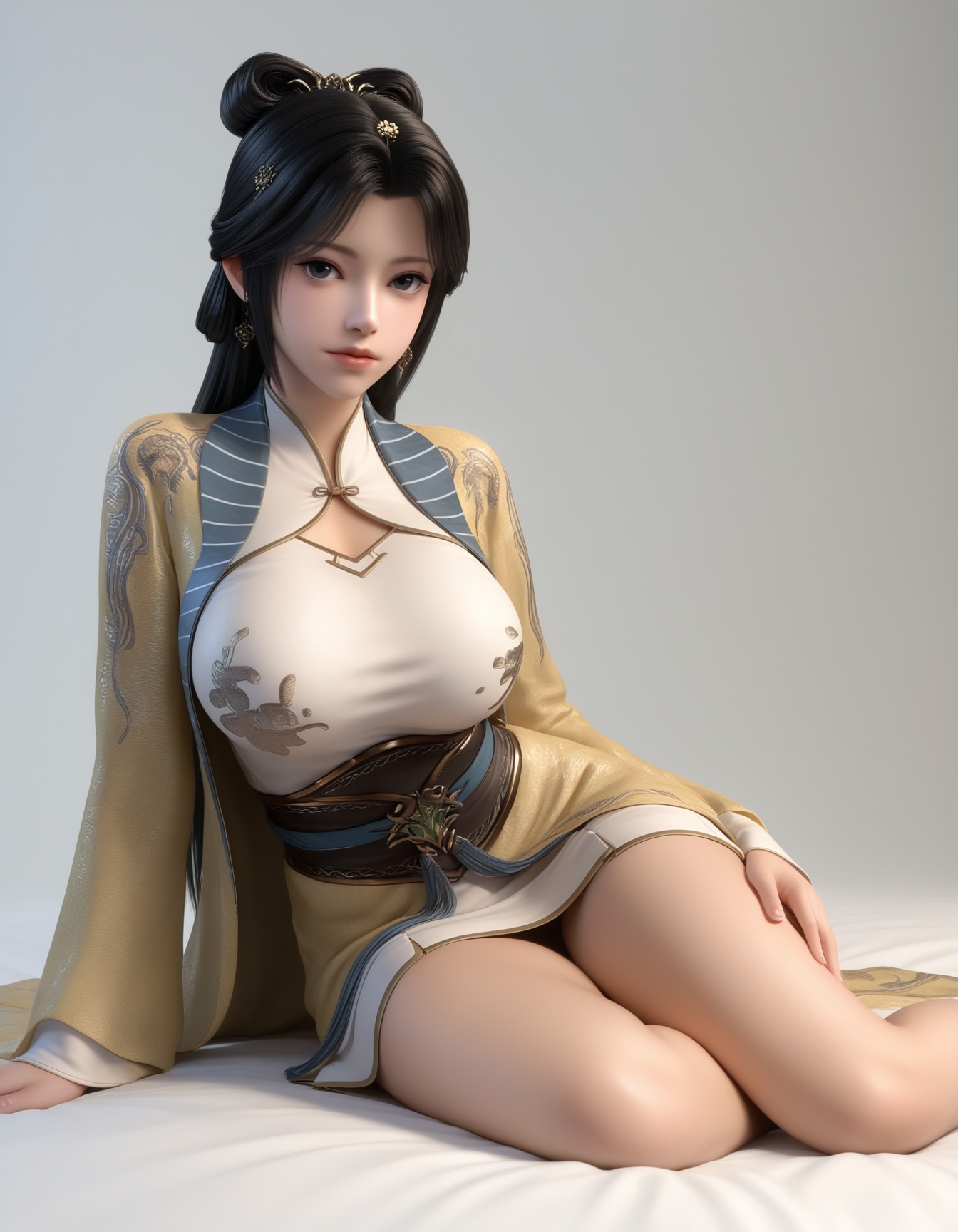 masterpiece,best quality,realistic,cinematic,detail eyes,(ultra-detailed),perfect composition,intricate details,absurdres,detailed face,high quality,high res,8K,<lora:X_hanxiangxiu_IL4.0:0.8>,black hair,black eyes,hair bun,1girl,long hair,breast,big breasts,hair_ornament,dress,simple background,white_background,bed,looking_at_viewer,bare_legs,yellow_dress,sitting,