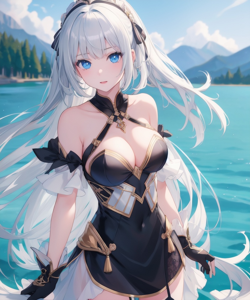 (,1girl, ,best quality, ),looking at viewer, <lora:457-DA-天启姬:0.8> ,ultra detailed 8k cg, ultra detailed background,  ,masterpiece, (( , )) , lake,upper body,   (cleavage), (),