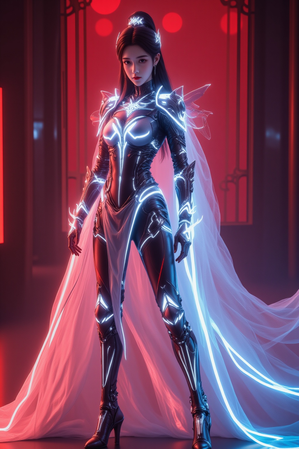girl,armor,red glowing armor,full body,hanfu,glowing cloak,cyber style,white neon light armor and glowing armor,red lamp,blue neon special effects,glowing cosmic pale transparent bioluminescent cloak,