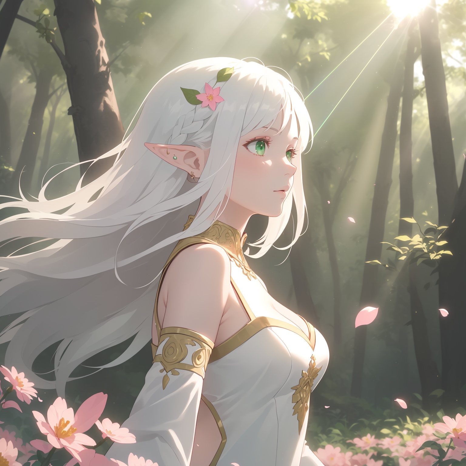 (masterpiece, best quality, high quality, highres, ultra-detailed), realistic, , , 1 sweet girl, the greater lord rukkhadevata, (side braid:1.1), long hair, ((white hair)), leaf hair ornament, (pointy ears), elf, green eyes, pale skin, bare shoulders, (medium breasts), (cleavage:1.1), jewelry, white long dress, (detached sleeves:1.1), bracelet, (looking away:1.2), (hair floating:1.3), from side, , (in forest:1.3), (pink flowers:1.1), (falling petals:1.1), (lens flare from right:1.2), (god rays from right:1.2)