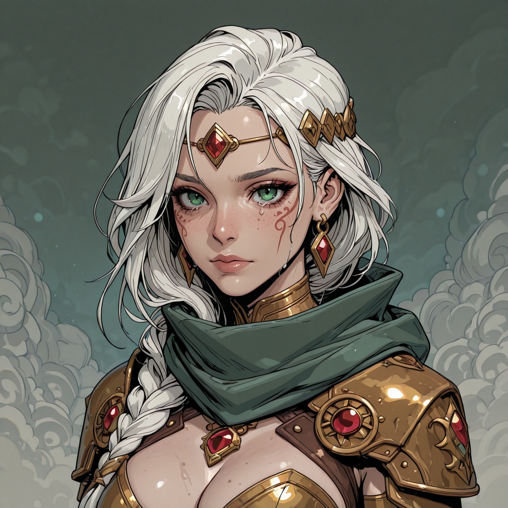 D&D Painterly,  A digital illustration depicting a young woman with an ethereal and somewhat melancholic presence. Her ski...