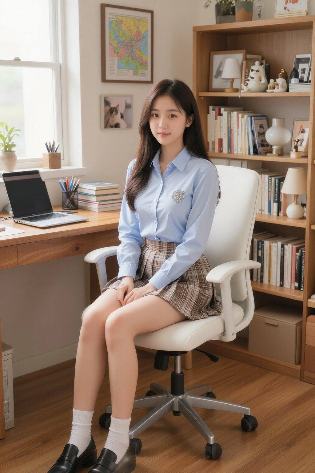 这是一张高分辨率照片，照片中一位年轻的亚裔女性坐在舒适整洁的书房里一张白色人体工学办公椅上。她有着一头深棕色的长直发，自然垂落在肩上，肤色白皙光滑。她身穿一件浅蓝色长袖衬衫，胸前绣着一枚小巧的徽章，搭配一条棕白相间的高腰格子短裙。脚上穿着白色短袜和黑色乐福鞋。背景展现了一个整洁有序的工作空间。她的左侧是一张木桌，上面放着一台笔记本电脑、一摞书和一盒笔。桌子上方的一扇窗户让自然光线洒满房间，营造出柔和的光晕。墙上挂着各种相框，包括一幅色彩鲜艳的地图、一张猫咪照片和一些小装饰品。她右侧的木制书架上摆满了书籍、一盏白色陶瓷小台灯和几件装饰摆件。房间整体氛围温馨舒适，兼具实用性和个人风格，营造出工作与休闲交融的氛围。