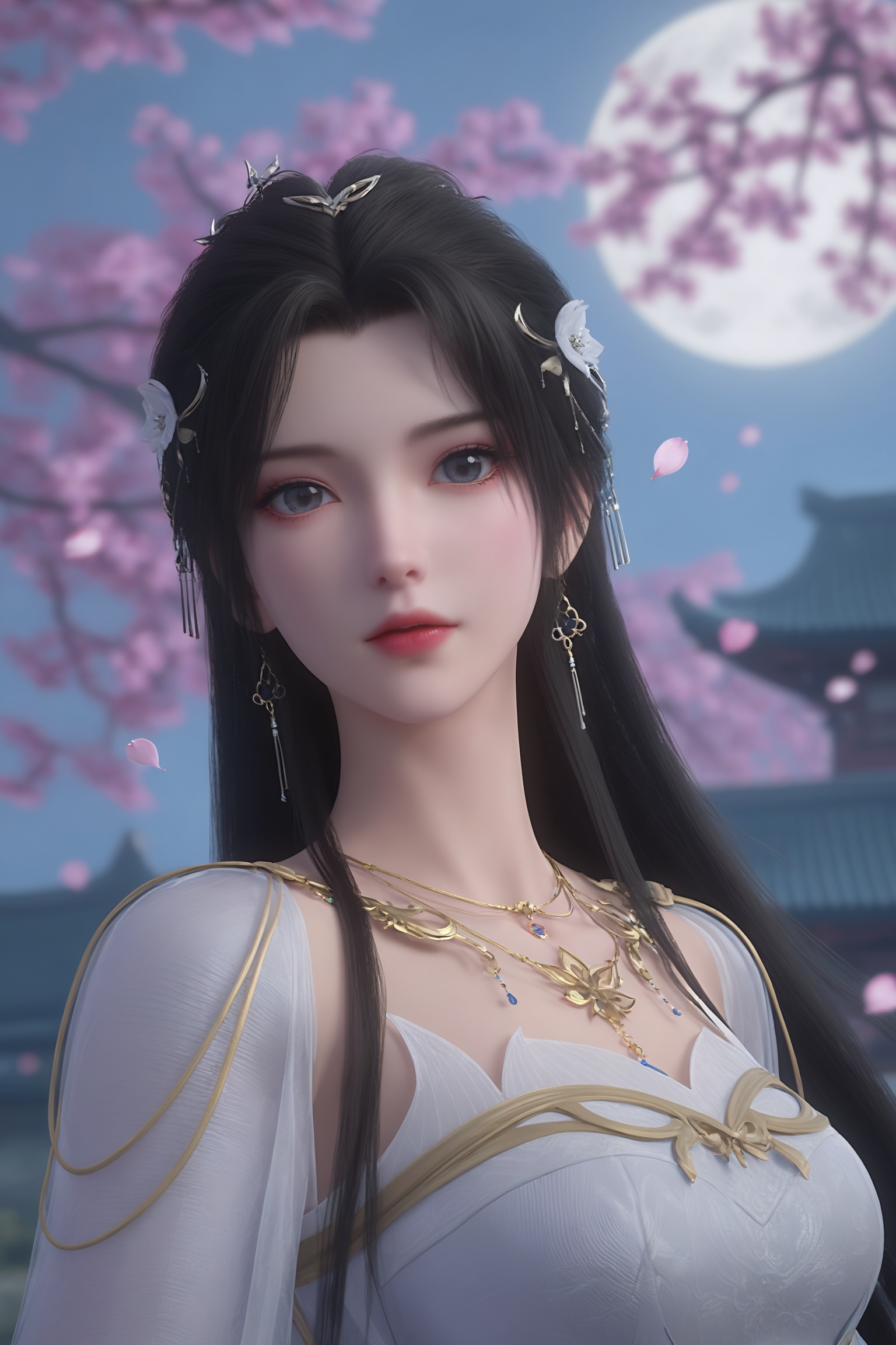 1girl,long,dark hair,white flower hairpins,flowing,sheer,white gown,golden detailing,long sleeves,high slit,lavender shoes,<lora:完美-清漪仙子-Pony重制v2:0.7>,masterpiece,best quality,solo,1girl,upper body,petals,looking at viewer,moon,branch,cherry blossoms,flower,extreme aesthetic,(quasarcake:0.7),masterpiece,best quality,good quality,newest,very aesthetic,absurdres,A shot with tension,(Visual impact,giving the poster a dynamic and visually striking appearance:1.2),impactful picture,offcial art,colorful,splash of color,movie perspective,