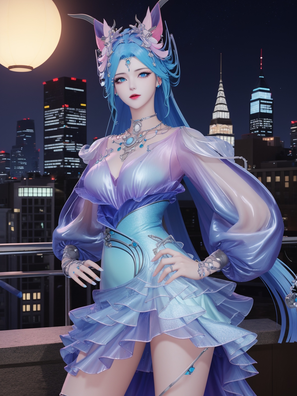 WZRYdiaochanHQG, 1girl, blue hair, solo, dress, bare legs, long hair, blue eyes, hair ornament, looking at viewer, jewelry, high heels,necklace,puffy long sleeves, <lora:WZRYdiaochanHQG:0.75>,cityscape, night, 