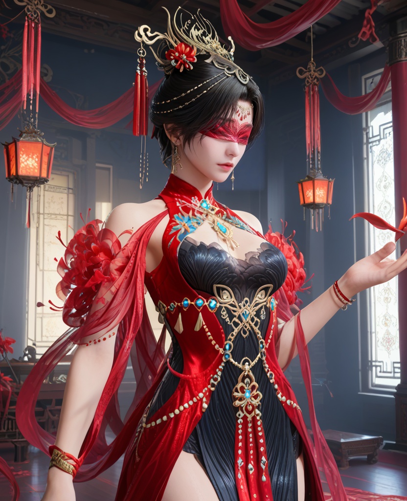 (oriental architecture, elegant decor, sophisticated style:1.1),(practicing ballet,grand jete:1.1),sulking,(breasts:1.2),<lora:XL16永劫无间宁红叶赤皓新囍红:0.95>,miss ninghongye,red and black tiered dress,blindfold,black hair,traditional chinese updo,hair ornament,jewelry,earrings,, score_9,score_8_up,score_7_up,score_6_up,score_5_up,score_4_up,3d rendering,tag1,tag2, Cinematic Lighting,backlighting,