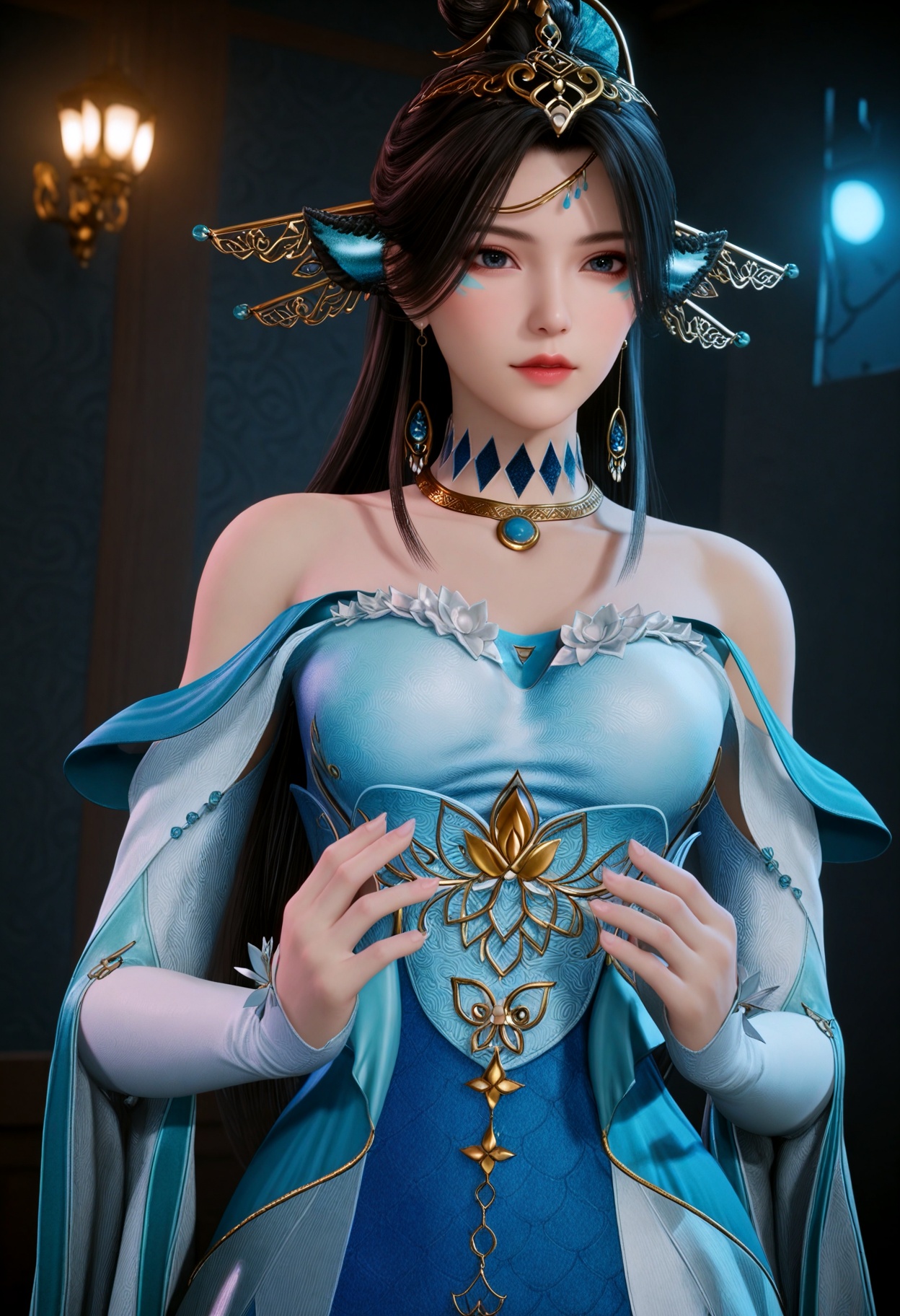 upper_body,(gigantic breasts:0.6),(slender:1.3),(looking_at_viewer:1.1),(masterpiece:1.1),(best quality:1.2),(intricate details),(smog:1.3),(Dark room:1.3),(dim lighting:1.3),<lora:YQ_Illustrious光辉v5_碧波仙子_V1:0.8>,(q1528437228:1.3),1girl,solo,jewelry,black_hair,long_hair,hair_ornament,bare_shoulders,dress,necklace,blue_dress,earrings,animal_ears,anklet,brown_hair,long_sleeves,blue_hair,detached_sleeves,gem,head_fins,crown,elbow_gloves,feathers,frills,masterpiece,(best quality),(intricate details:0.9) BREAK (intricate details:0.9),(realistic skin:1.2),masterpiece,best quality,newest,absurdres,hiahres,